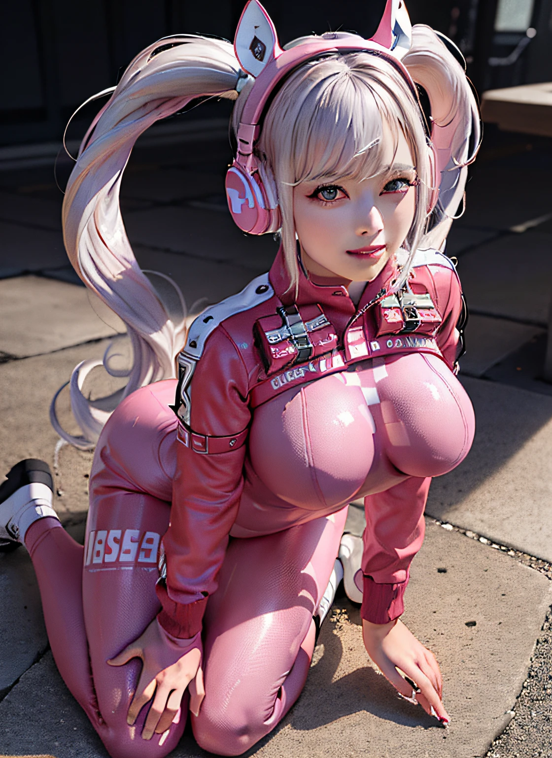 (photorealistic:1.4),best quality, ultra high res,
4k, instagram, 
higly detailed,
alice \(nikke\),pink bodysuit,animal ears, fake animal ears, gloves, headphones, headset,
jacket,pink latex bodysuit, pink eyes,twintails,  white gloves, white hair,
VirtualGirl-Aim, medium breasts, long hair, crystal pendant, smile,
 full body shot,