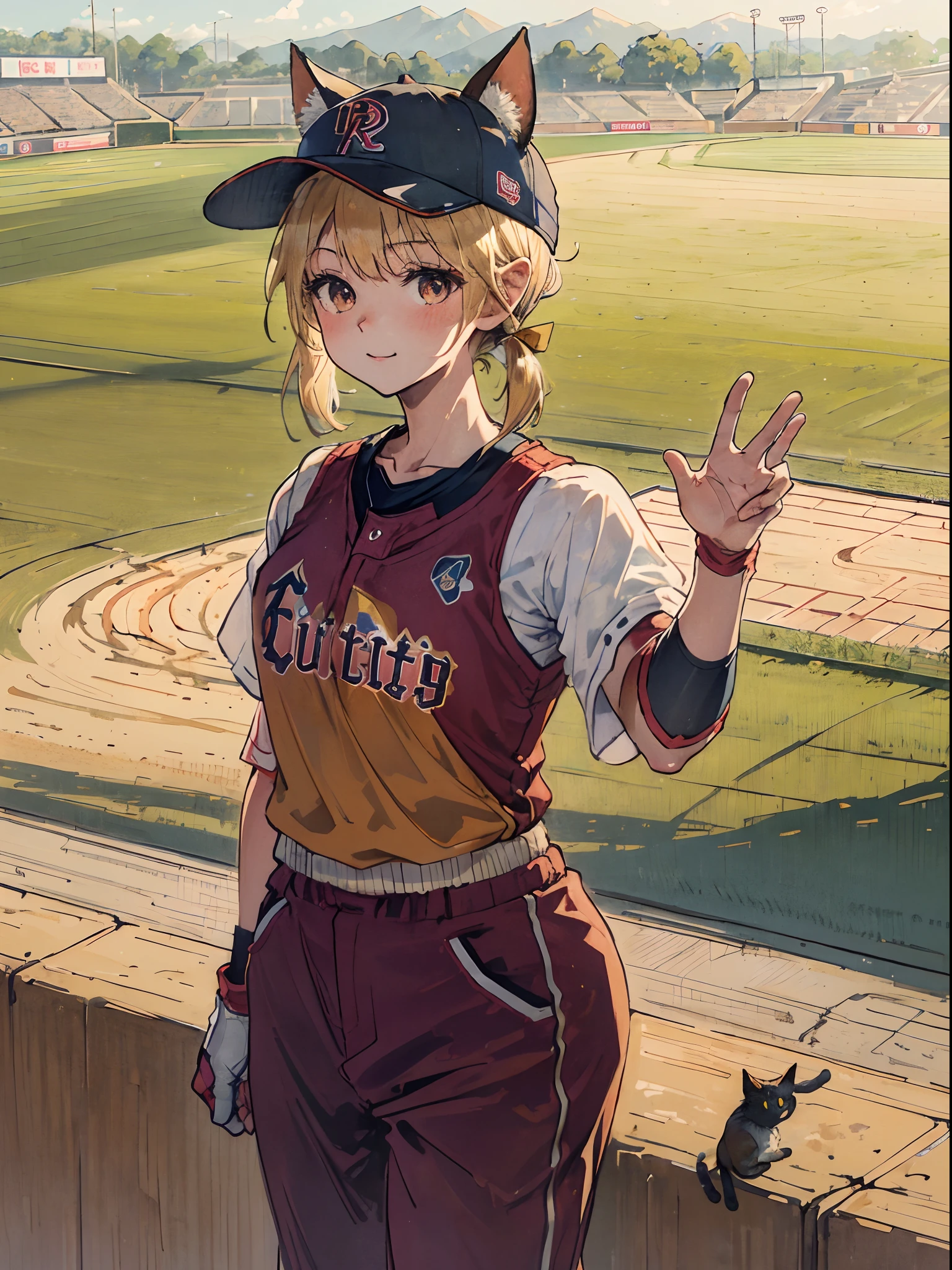 (masterpiece、top-quality、Hand waving pose:1.2), cowboy shot, 独奏, 1girl in, piper, A smile, facing the front there, Look at viewers, (hands on own cheeks:1.2), blonde hair, poneyTail, Puffy Short Sleeves, Fingerless gloves, kitchin, ((Cat's ears, no sleeves, Burgundy Baseball Uniforms:1.2)), (blondehair, Short hair, Bangs, Baseball Cap),((Detailed baseball field view background:1.2)),
