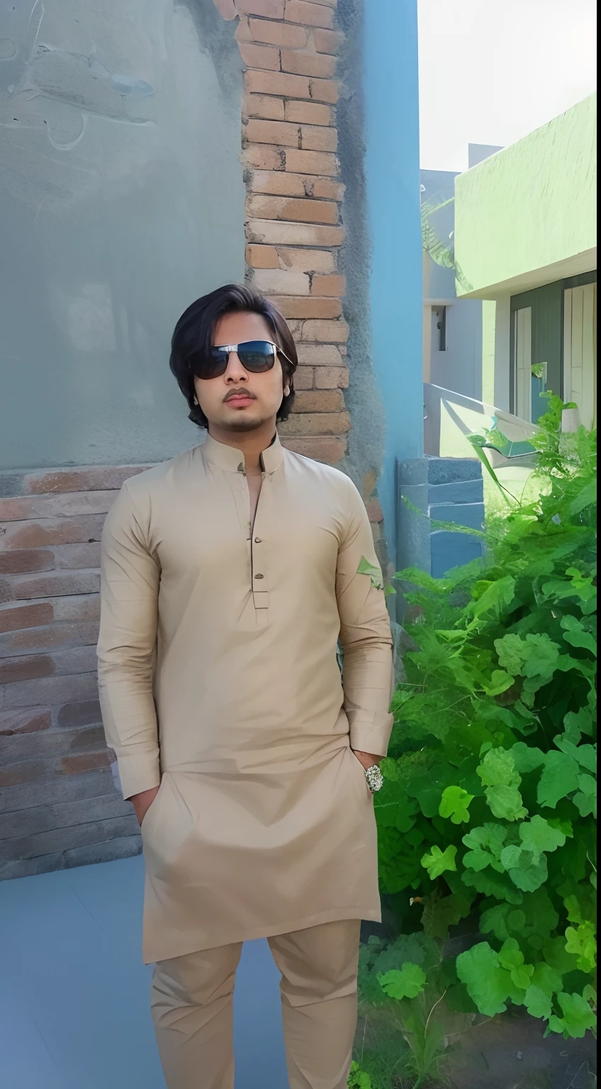 araffe man in a tan outfit and sunglasses standing in front of a building, profile pic, wearing a kurta, khyzyl saleem, around 1 9 , kyza saleem, ash thorp khyzyl saleem, by Riza Abbasi, high quality upload, very very low quality picture, profile picture 1024px