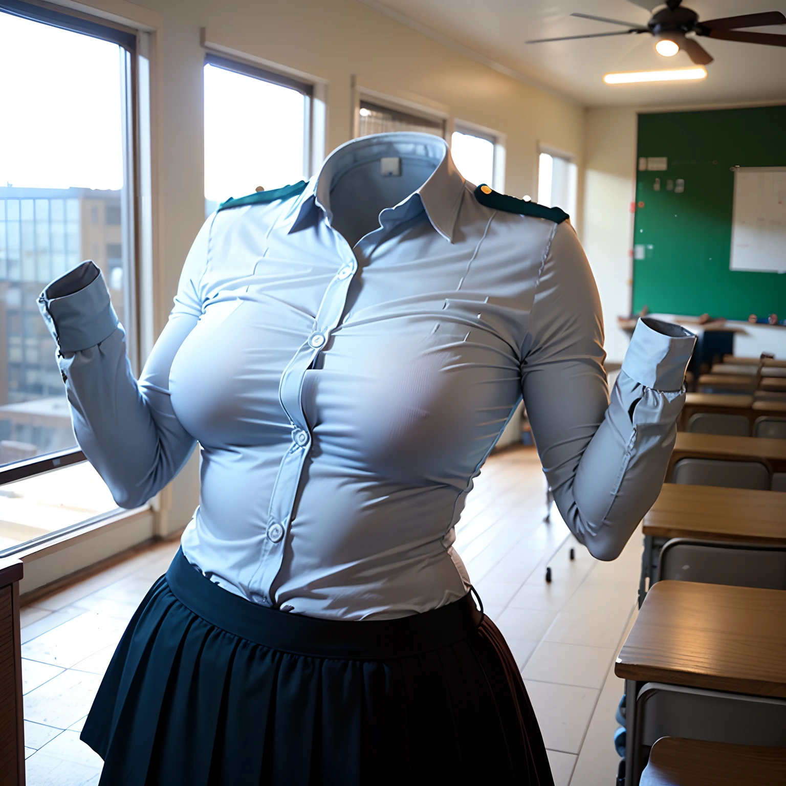 school uniform, ((invisible, no humans:1.5, headless:1.5, handless, legless)), (big breast), (extremely detailed), (photo realistic), (photon mapping), studying in classroom