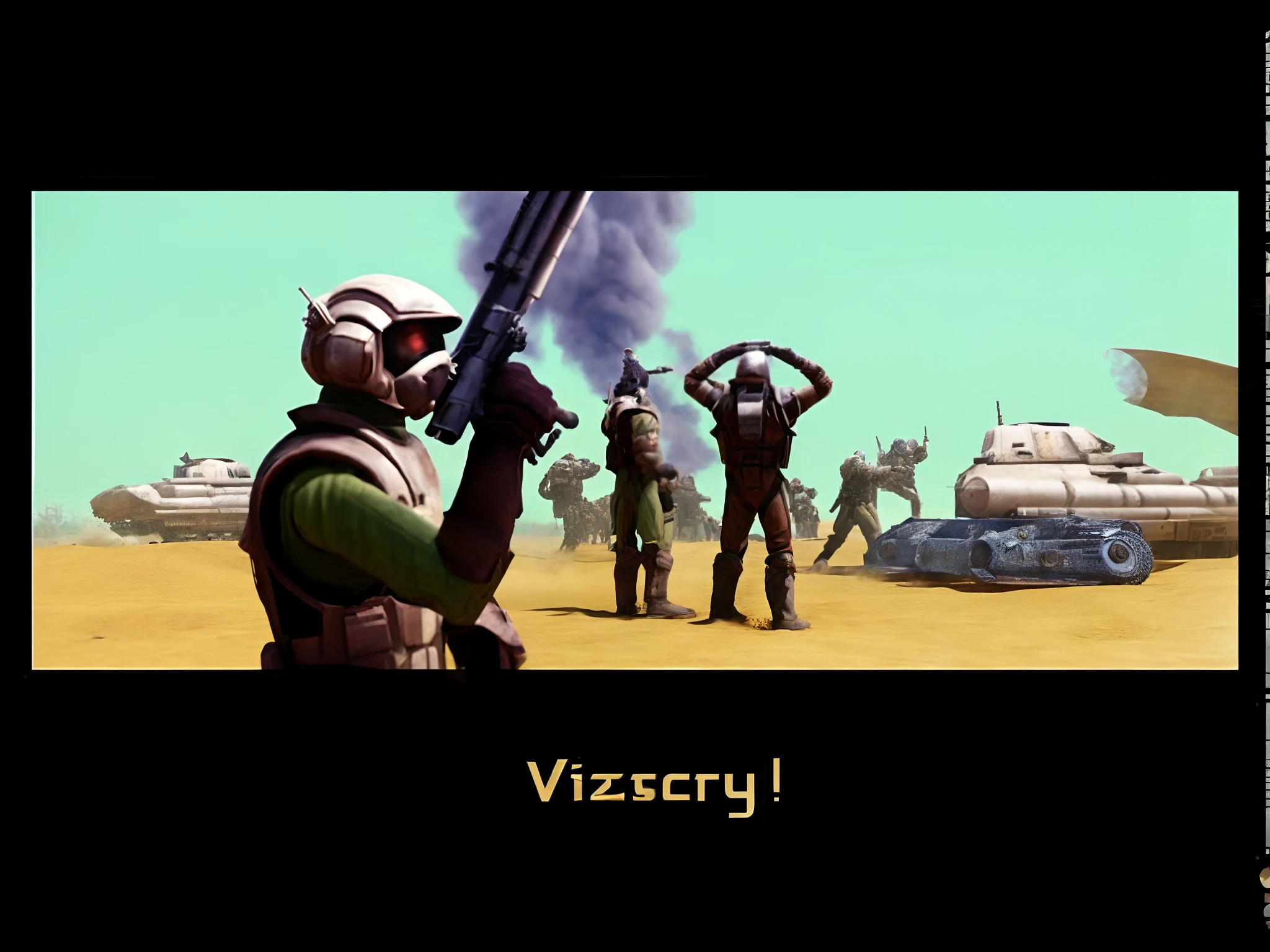 masterpiece, high quality, detailed photo, a person holding a gun, in an arena in dune 2021, space soldiers, detailed person, space armor suits, detailed armor, detailed suit, space helmets, detailed helmet, rifle, gun, detailed gun, detailed rifle, detailed armor, detailed helmet with vizor, battle over, space tanks, battle tech, epic sandstorm battle, starship troopers, battle of geonosis, showing victory, victory, from dune, capture victory, desert game, rogue trooper, dune style, video game cutscene