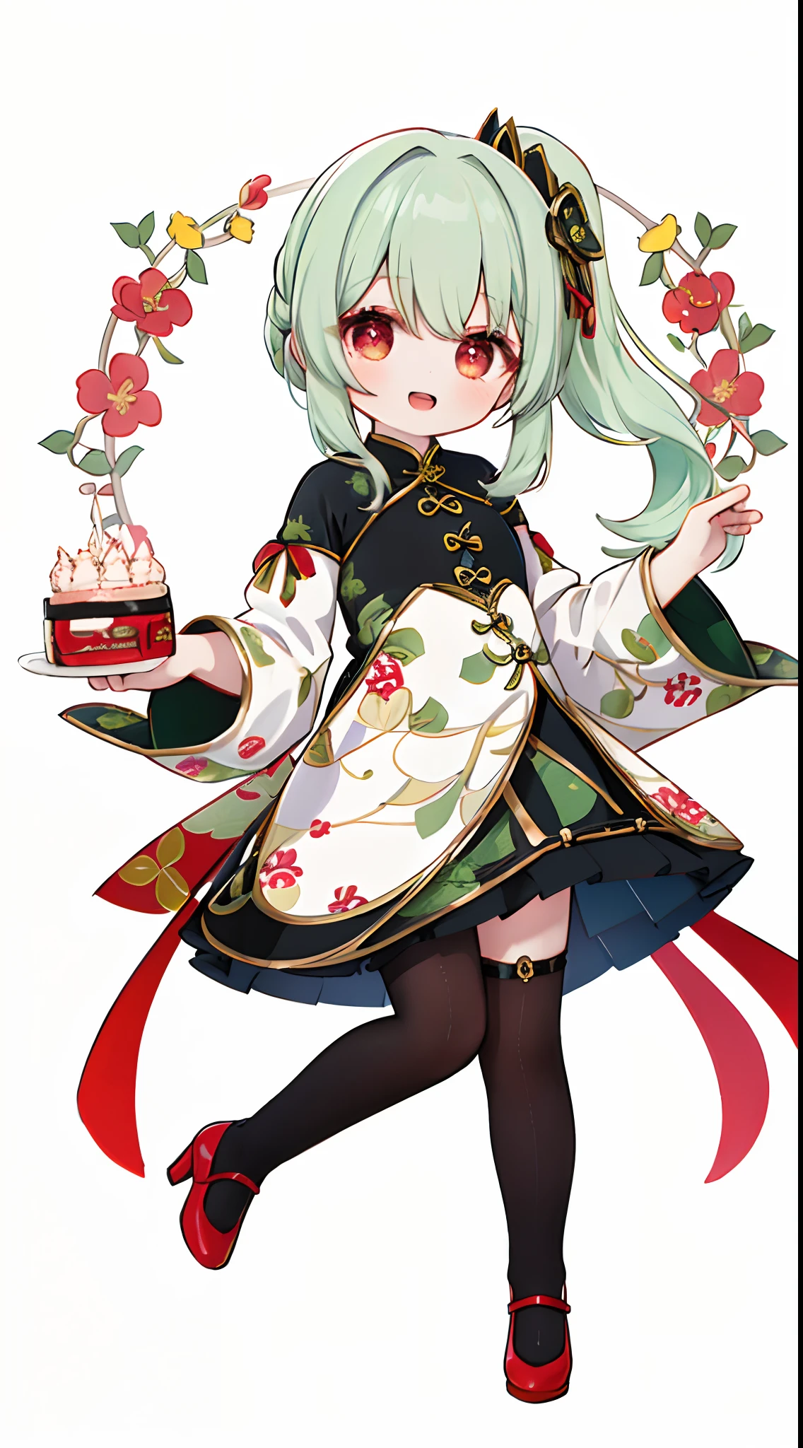 1girll, Solo, Green hair, long whitr hair，dual horsetail，Red eyes, Short hair, shirt, Open mouth, Smile, Red antique cheongsam，leotard skirt，Cheongsam skirt，Red printed cheongsam，Superskirt，National style，on cheongsam, Hood,, view the viewer, kazami yuuka, Long sleeves, Open clothes, bangs, mitts, lacepantyhose ，black lence stockings, hair between eye, :D, 鎖骨,Printed cheongsam, Full body photo of high heels