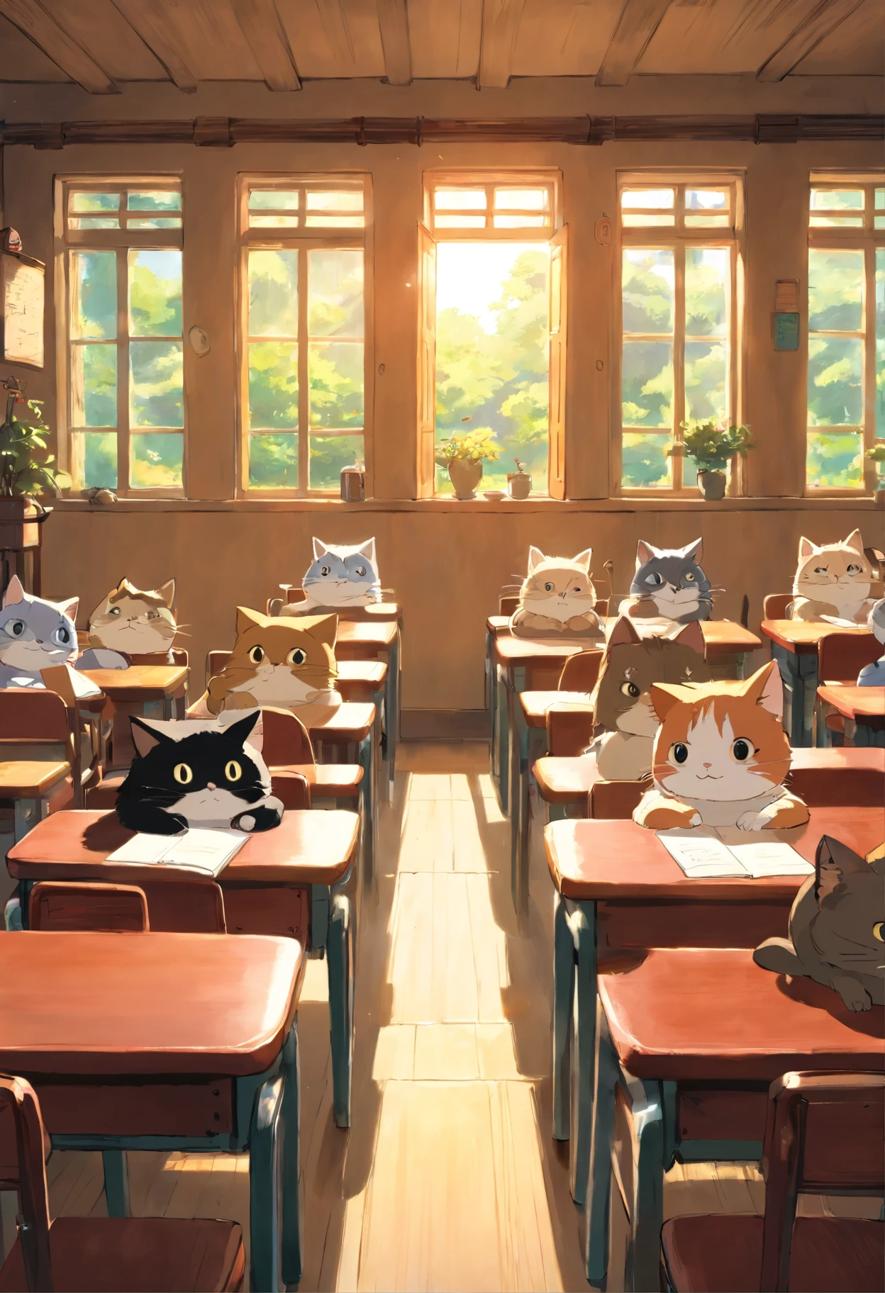 Round-eyed cats sit in chairs for lessons, Classroom,Several rows of tables, , Face the blackboard, Sunlight outside the window