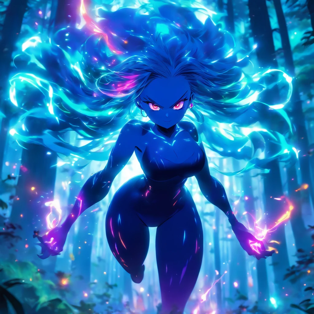 Mature female with glowing teal eyes, rainbow colored hair, huge breasts, thick thighs, thin waist, plumb ass, casting glowing spells inside of a mystical forest, dynamic shadows, absurdes, extremely detailed, ambient occlusion