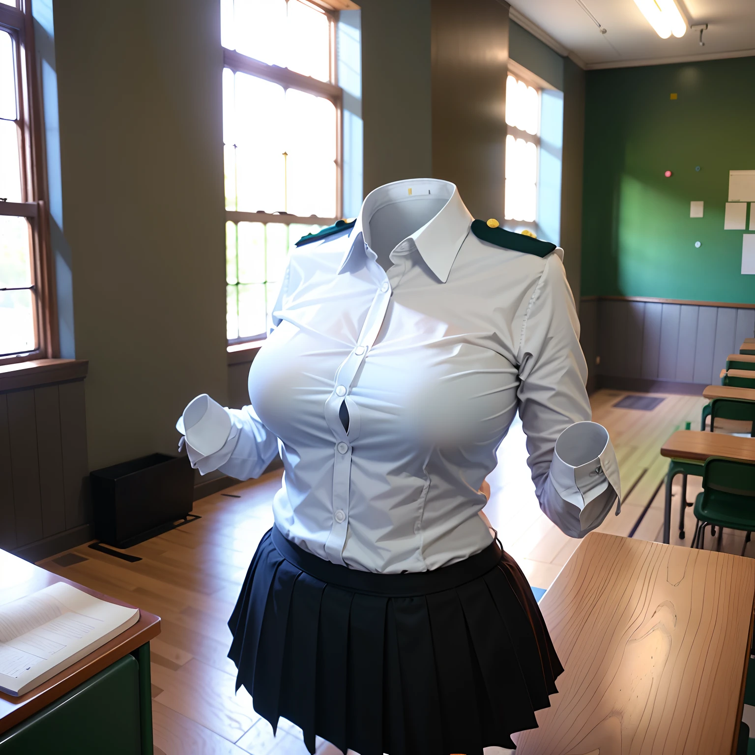 school uniform, ((invisible, no humans:1.5, headless:1.5, handless, legless)), (big breast), (extremely detailed), (photo realistic), (photon mapping), studying in classroom, breast on desk