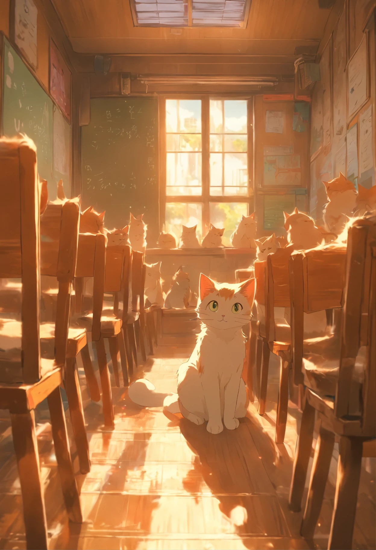 Round-eyed cats sit in chairs for lessons, Classroom,Several rows of tables, , Face the blackboard, Sunlight outside the window