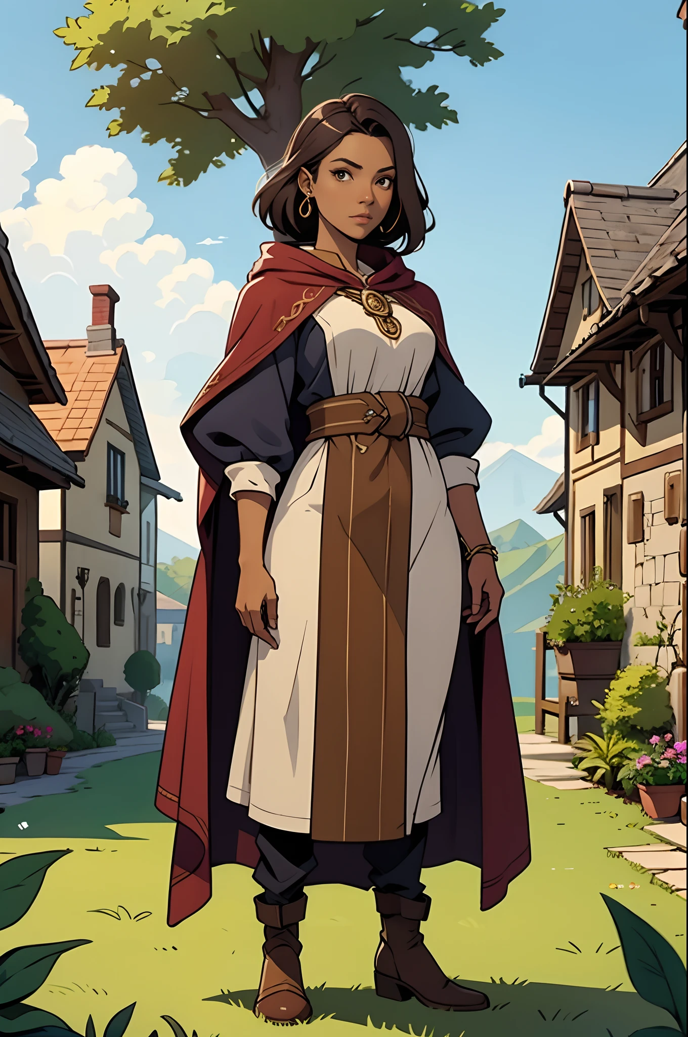 Solo, female, bard, standing, looking at viewer, tan skin, fantasy village, linen tunic, cloak