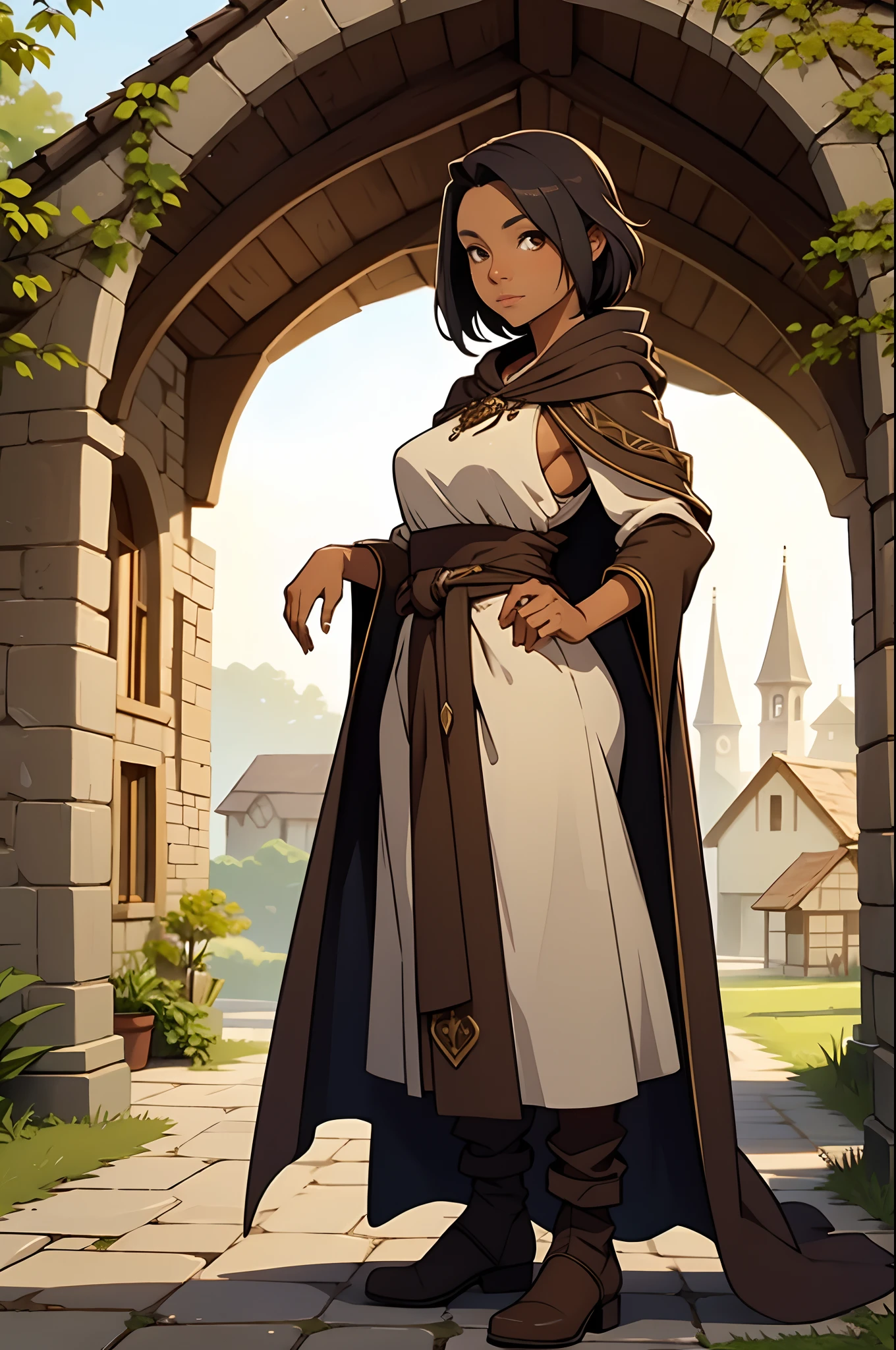 Solo, female, bard, standing, looking at viewer, tan skin, fantasy village, linen tunic, cloak