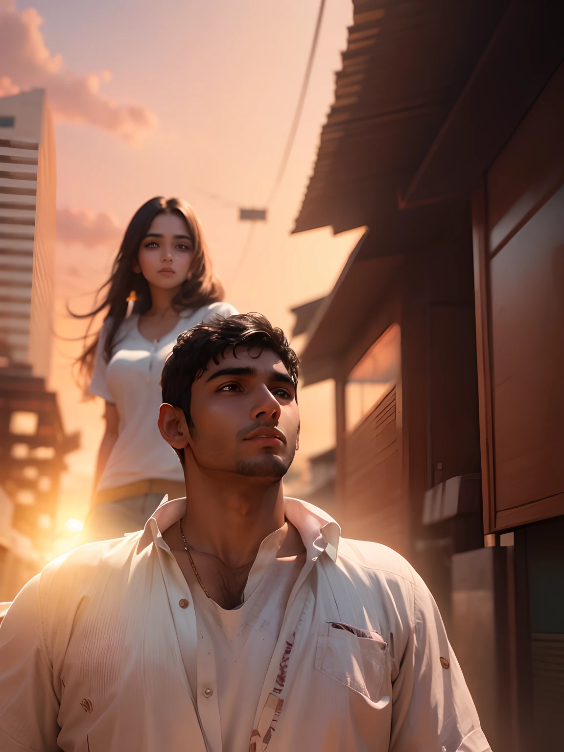 Handsome Indian boy, cute face, sunset, building, ultra realistic white shirt, with cute girlfriend