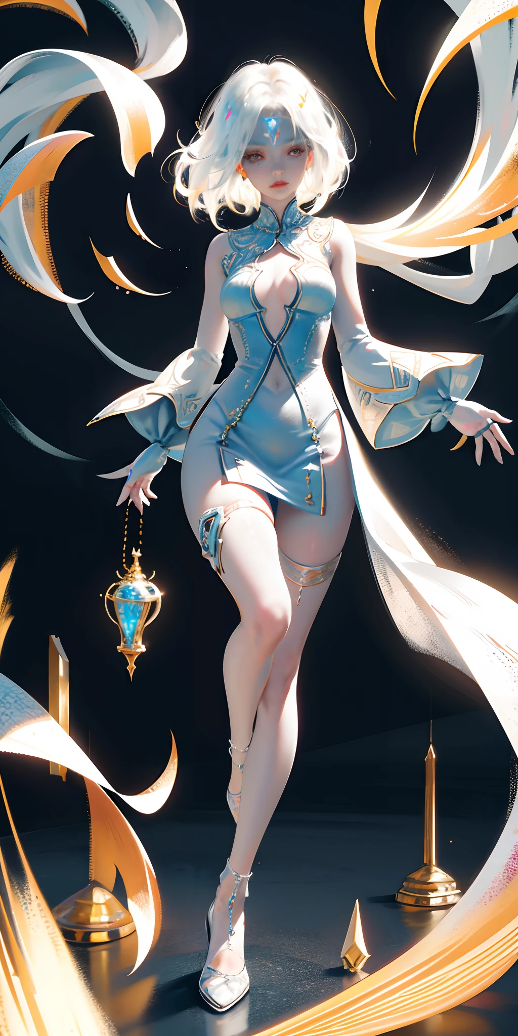 Close up, Gorgeous girl, Pale white skin, Cyborg, ((White skin)), Hourglass body, Slim body, Sexy, （full bodyesbian）, Thigh neon transparent dress, (Dark background), Bioluminescent tattoos, Cinematic lighting, Intricate, Masterpiece, Best quality