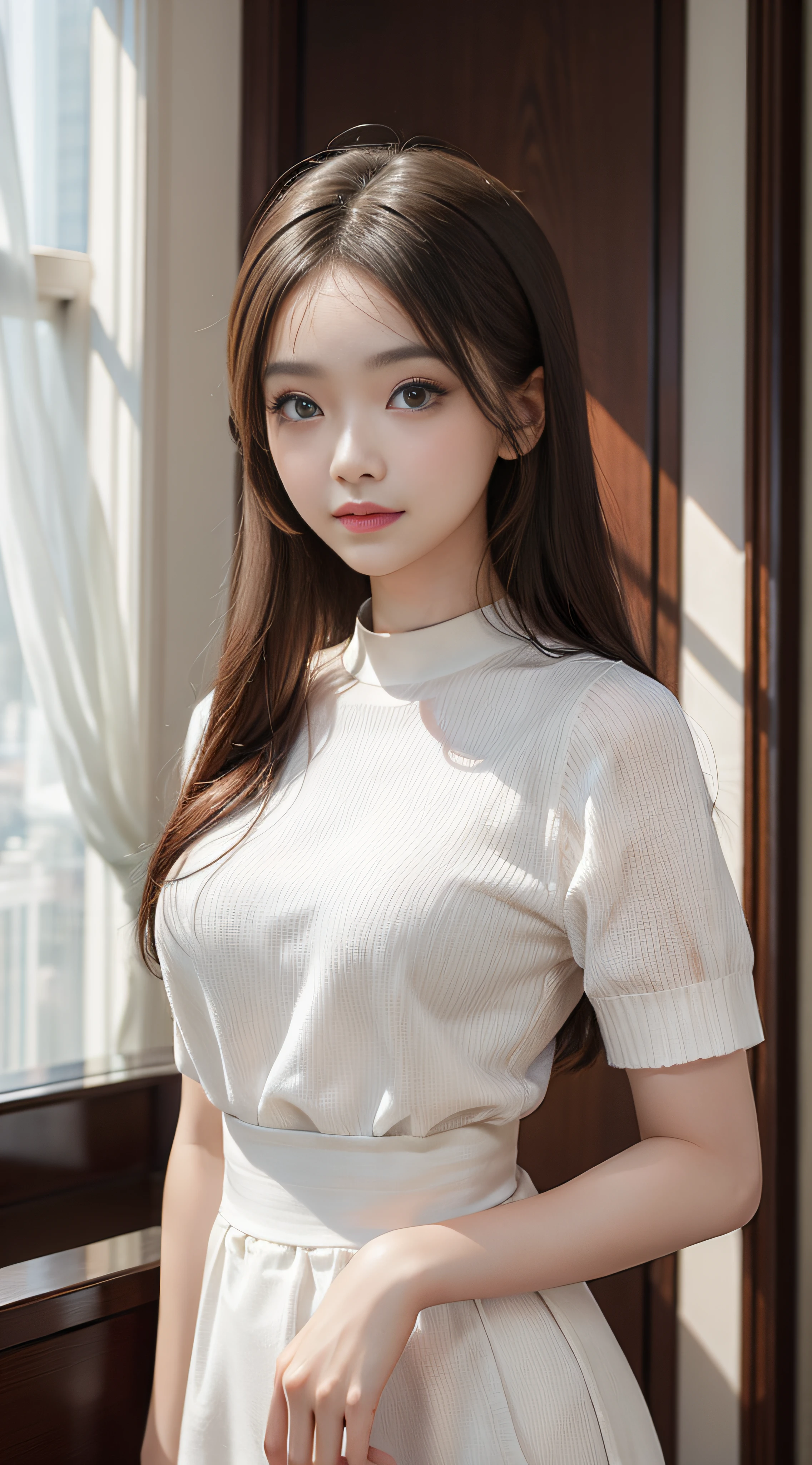 masterpiece、Top image quality:1.2、((beautiful young woman with))、Transparent skin:1.2、{A slight smil}、(kawaii)、Transparent short sleeve knit:1.2、luxury hotel、depth of fields、Sharp Focus:1.5、Fine details