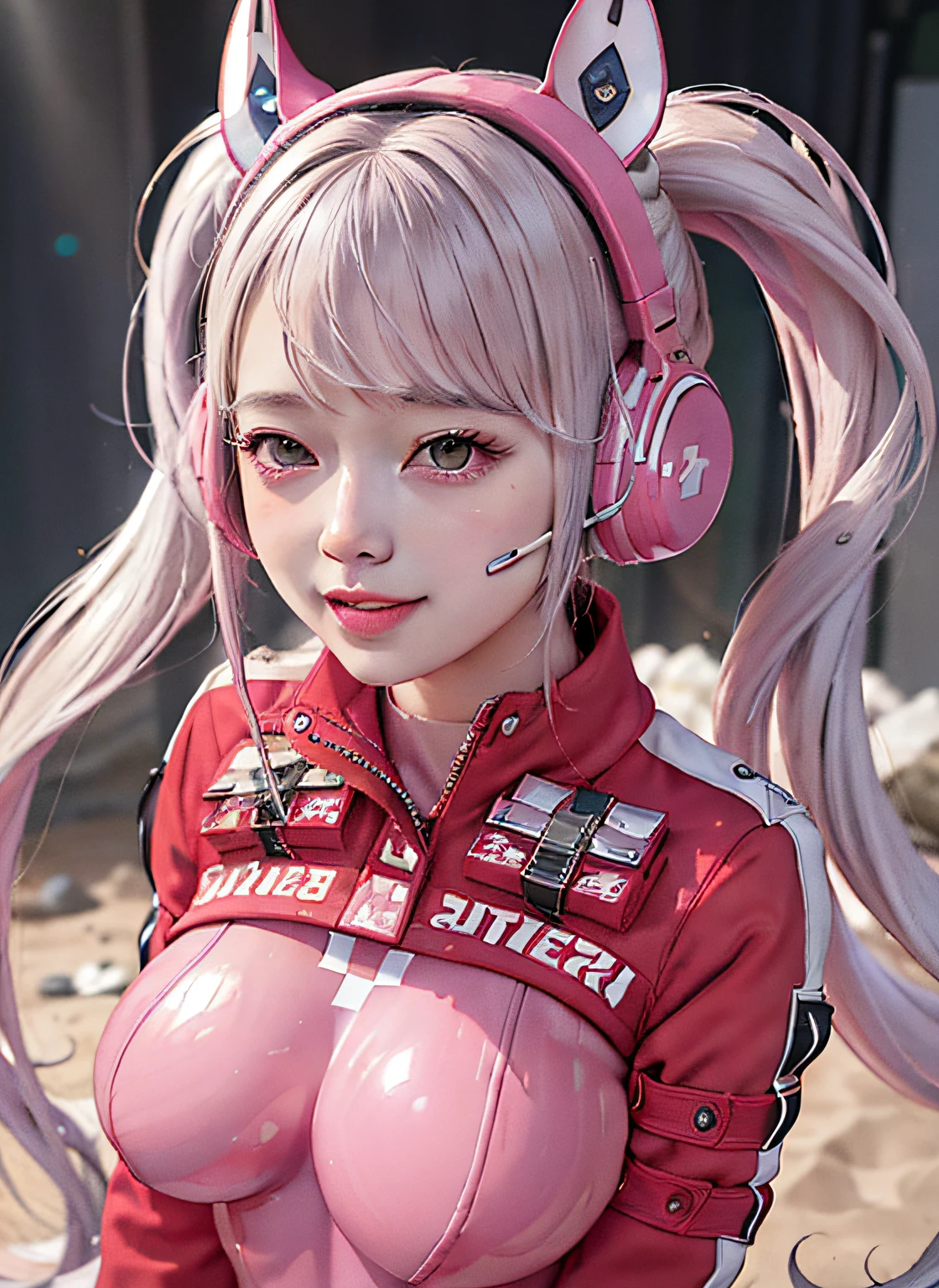 (Photorealsitic:1.4)、top-quality、超A high resolution、
4k, instagram,
ighly detailed、
alice\(Nicke\)、pink bodysuit、animal ear、Fake animal ears、gloves、headphones、headset on head、
jaket、Pink latex bodysuit、Pink eyes、Twin-tailed、white glove、White hair、
Virtual Girl - Aim、medium chest、length hair、Crystal Pendant、a smile、pretty eyes、
FULL BODYSHOT、4k,8k,