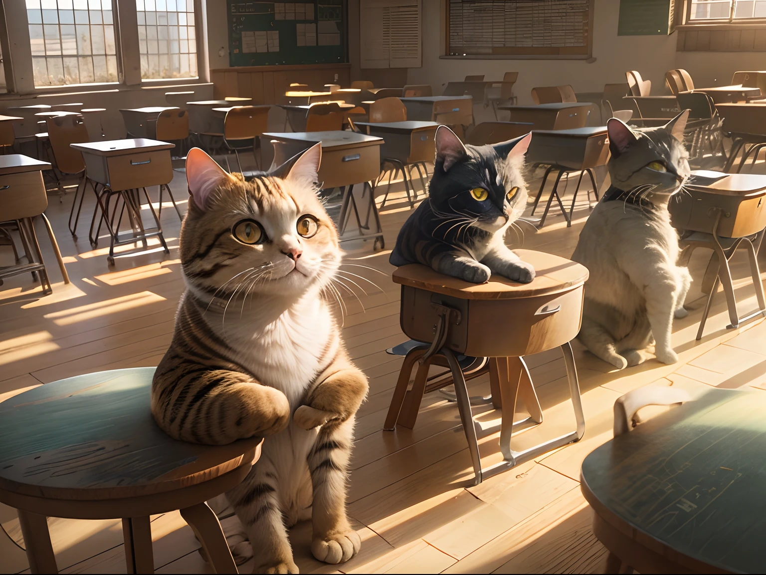Classroom,Several rows of tables, Round-eyed cats sit in chairs for lessons, Face the blackboard, Sunlight outside the window