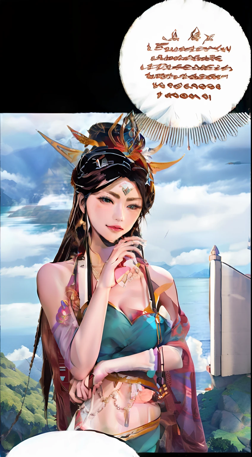 a girl in a bikini is standing in front of a mountain, ((a beautiful fantasy empress)), a beautiful fantasy empress, queen of the sea mu yanling, anime goddess, manhwa, full body xianxia, anime cover, the goddess of summer, goddess checking her phone, masterpiece goddess of sorrow, the queen of the sun, doujin, chinese empress