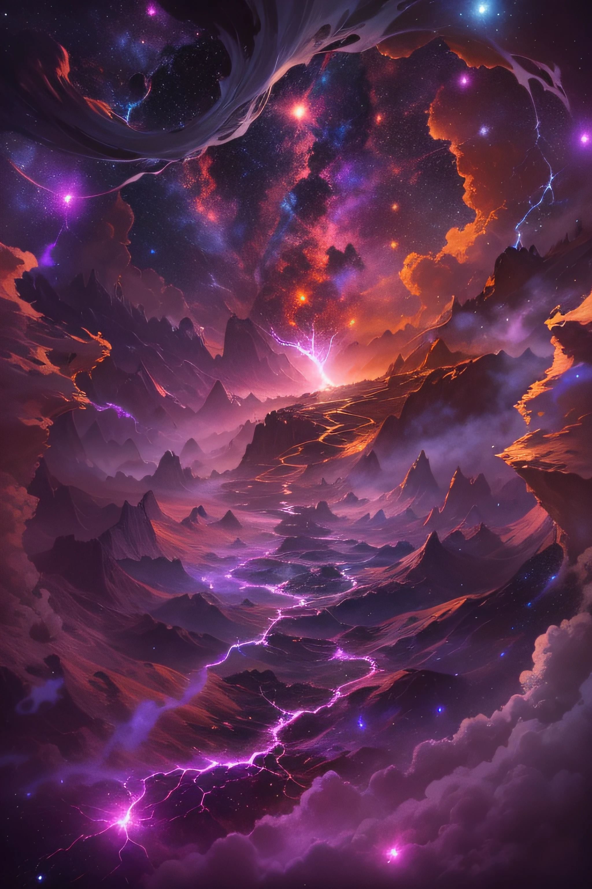 Epic composition，thunder，Surreal space，nihilism，Background with glass，trial，galaxies and nebulae，Blood，Covered with thick spikes，