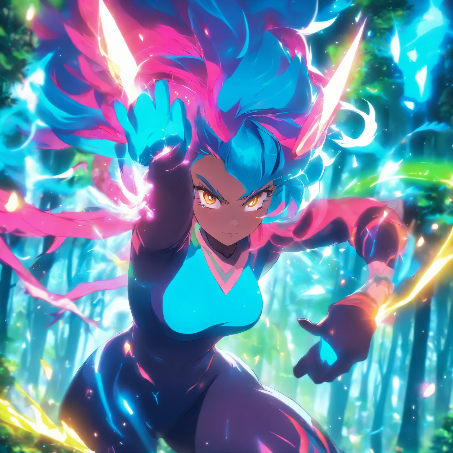 Mature female with glowing teal eyes, rainbow colored hair, huge breasts, thick thighs, thin waist, plumb ass, casting glowing spells inside of a mystical forest, dynamic shadows, absurdes, extremely detailed, ambient occlusion