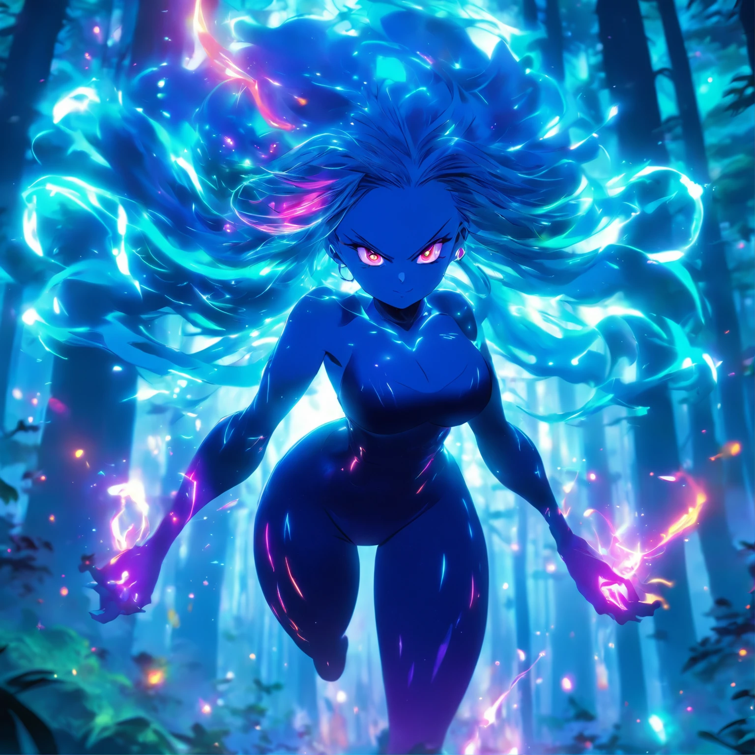 Mature female with glowing teal eyes, rainbow colored hair, huge breasts, thick thighs, thin waist, plumb ass, casting glowing spells inside of a mystical forest, dynamic shadows, absurdes, extremely detailed, ambient occlusion