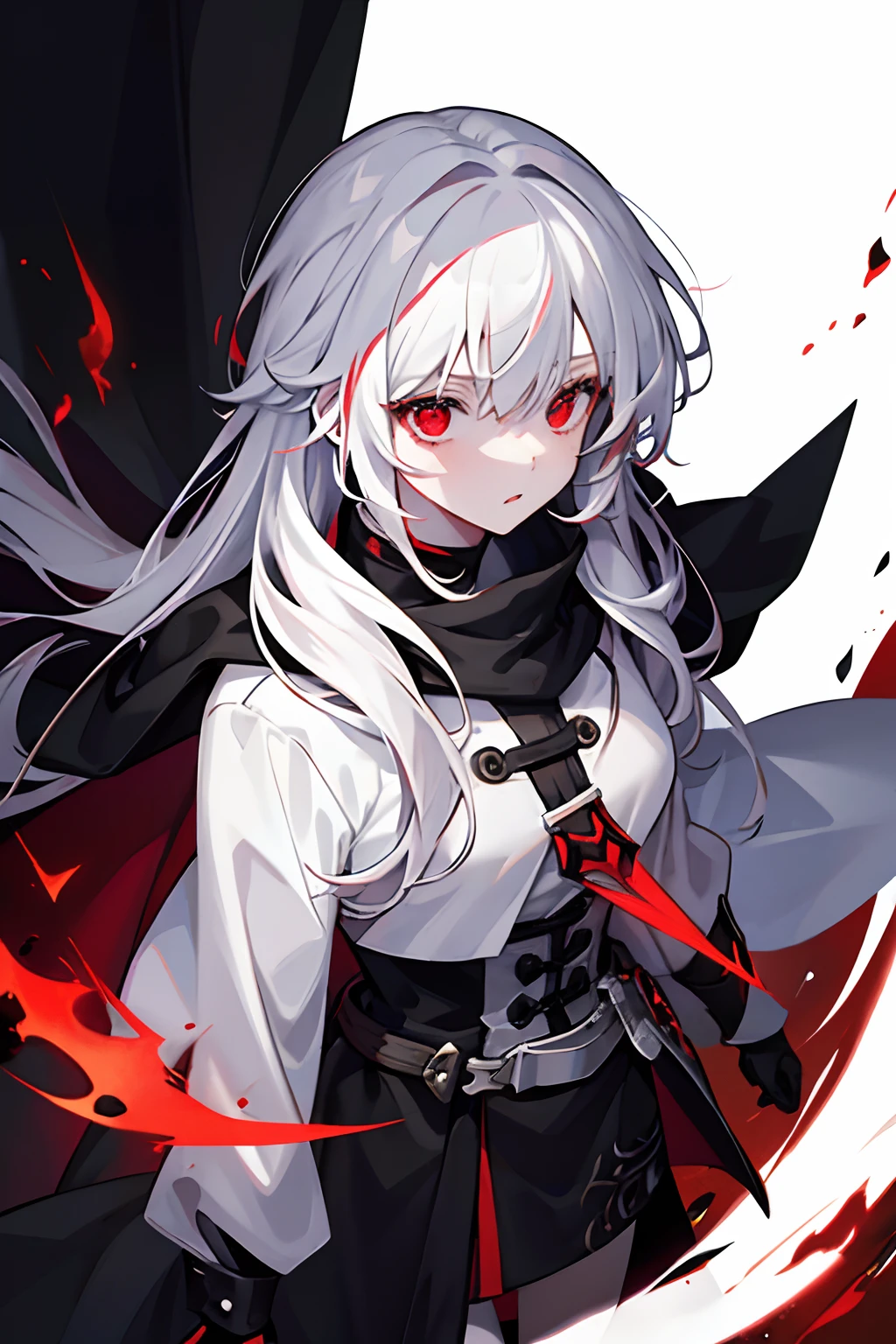 1girl, red eyes, white hair, solo, black cloak, long hair, short, ager