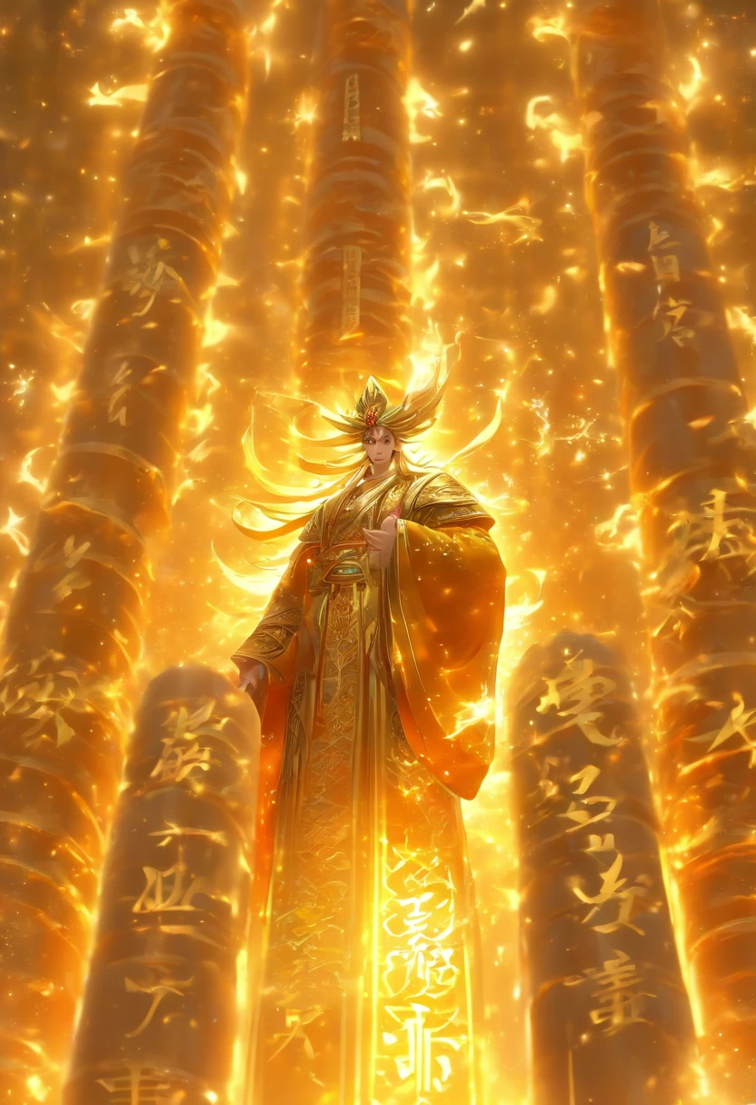 1boys,Solo,Young scholars of ancient China，Holding a golden brush，Writing is in full swing，(Transparent glowing golden Chinese characters hovered in midair:2)，Vertical text，glittery，Scholar in blue robes，Long flowing hair flutters in the wind，16k, hyper HD, high resolution, Very detailed, Best image quality,dynamicposes，(20 columns of Chinese characters:2)，arranged in an orderly fashion