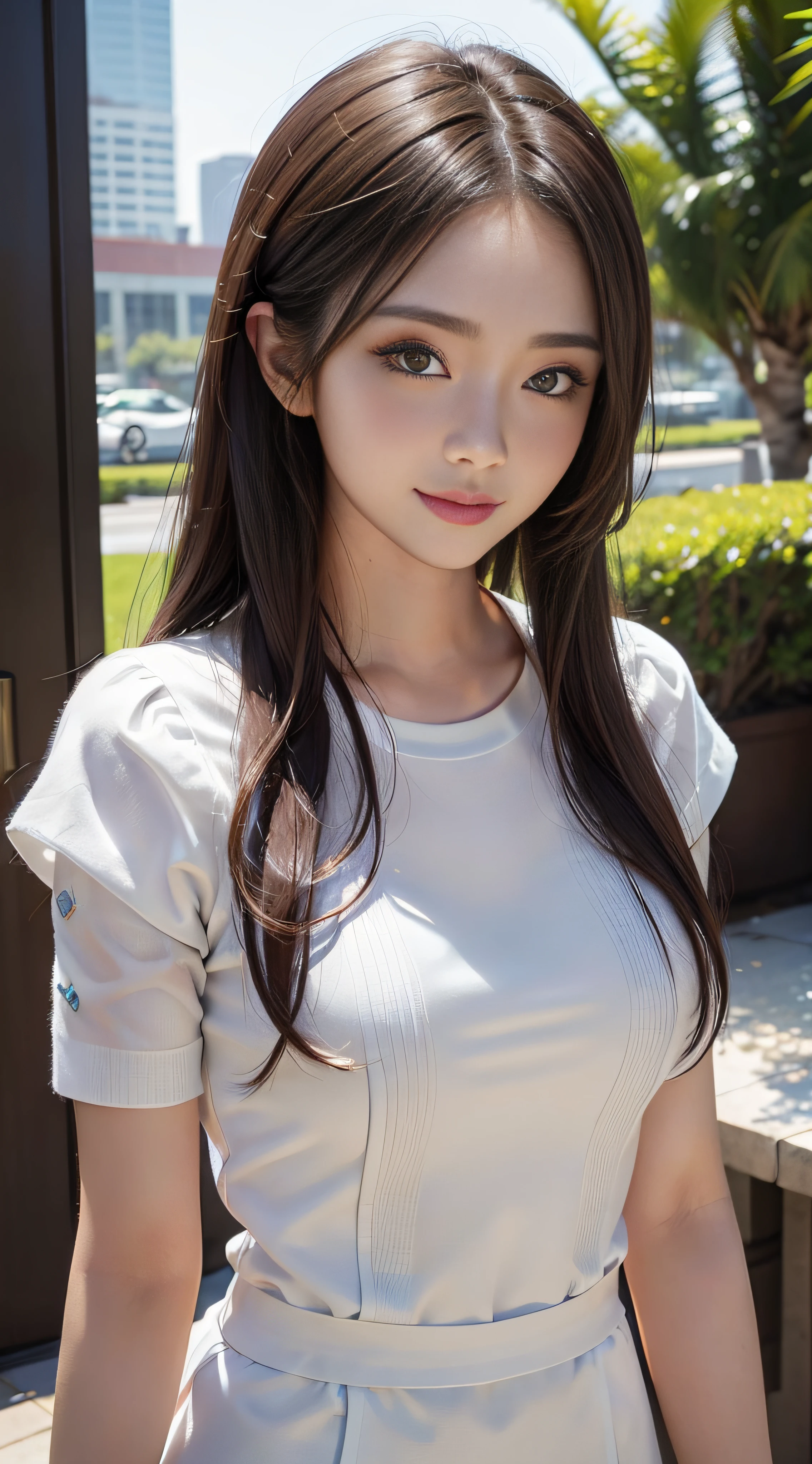 masterpiece、Top image quality:1.2、((beautiful young woman with))、Transparent skin:1.2、{A slight smil}、(kawaii)、Transparent short sleeve knit:1.2、luxury hotel、depth of fields、Sharp Focus:1.5、Fine details