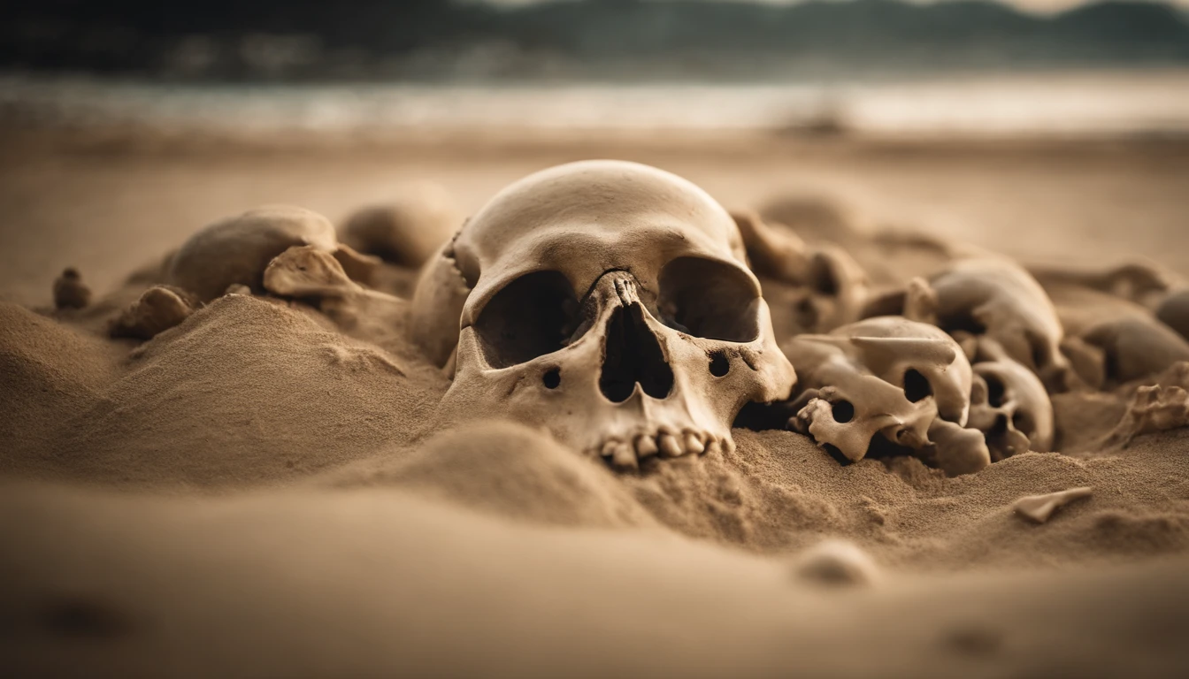 Skeleton skull on sand and shells, and in the background a sunset