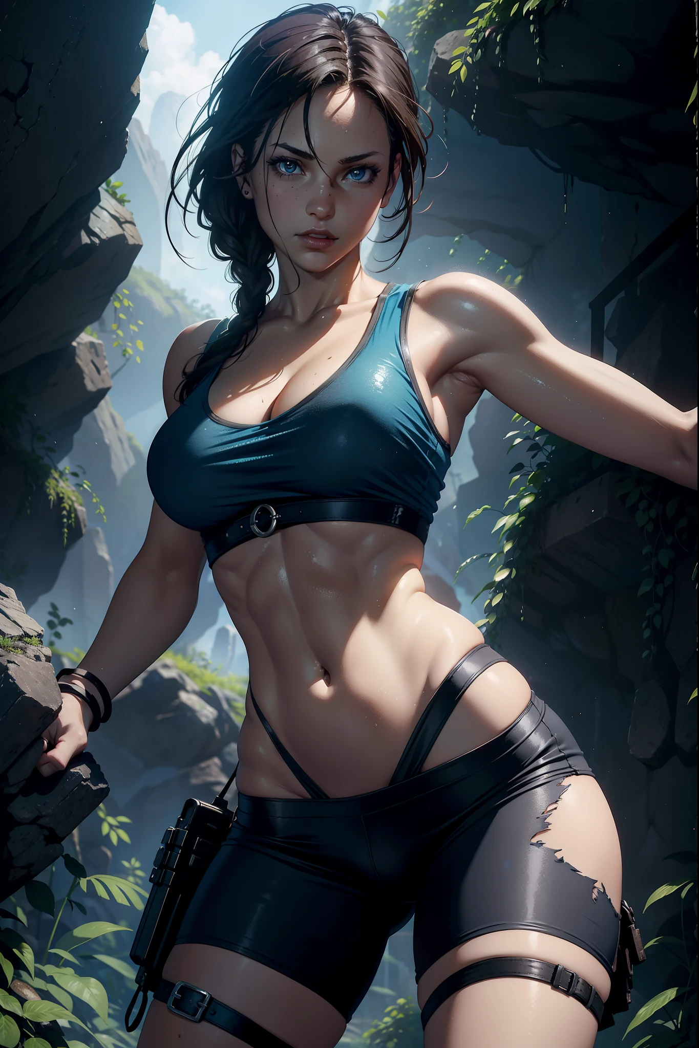 sexy Lara Croft Tomb Raider, blue tank top, underground caves background, torn clothes, good lighting, hands at her side,  athletic and fit body, cleavage, perfect hands, detailed hands, perfect eyes, detailed eyes, realistic, HDR, UHD, dynamic