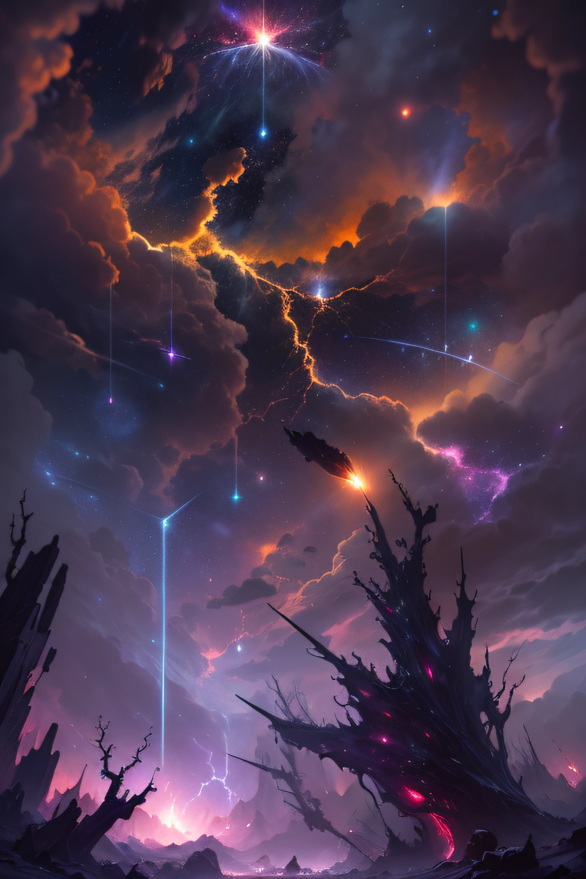 Epic composition，thunder，Surreal space，nihilism，Background with glass，trial，galaxies and nebulae，Blood，Covered with thick spikes，