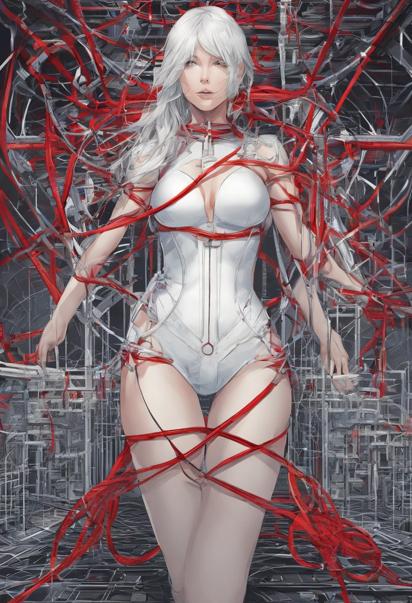 shibari, hands behind your back:1.4), (hands behind), Beautiful Girl, Taylor Swift, Red lips, Platinum hair, normal body shape, big breasts, crop top, Tight shorts, Tie, tied with red wire, red wire, Neck binding, Tie your hands, Tie your feet, ropes tied around the body, Strings tied together, Interlacing bonds, Multiple wires, forms the overall vision that surrounds the body, View of the abandoned medieval castle,