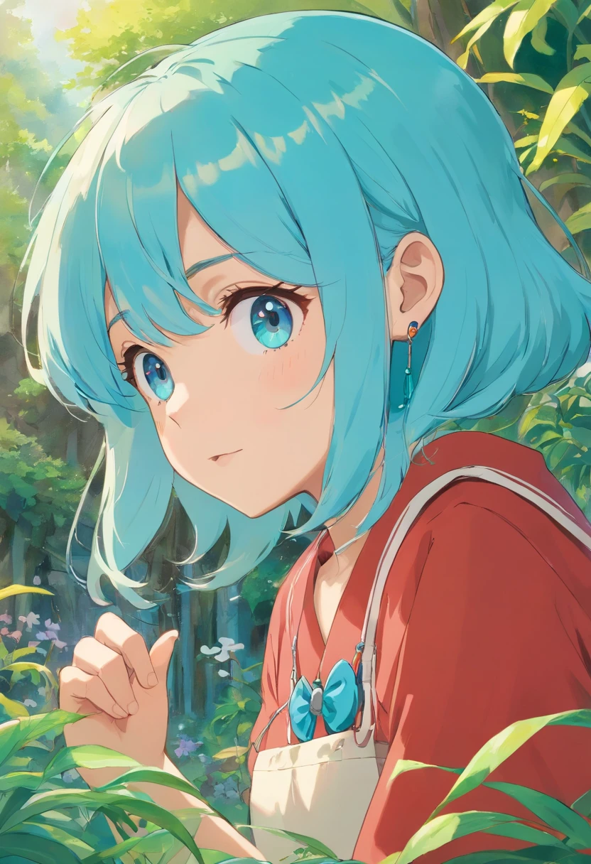 uma menina usando um colar de anime, um colar longo e brincos, no estilo de paisagens de jardim tranquilas, animated color photos, Masami Teraoka, aquamarine, Paulo Gauguin, Estilo Embry, retrato honesto