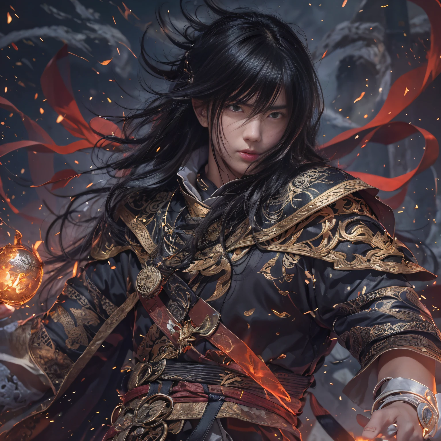 （废墟）eyes filled with angry，He clenched his fists，Rush up，Deliver a fatal blow to your opponent，full bodyesbian，Full Body Male Mage 32K（tmasterpiece，k hd，hyper HD，32K）Long flowing black hair，Campsite size，zydink， a color， patriot （废墟）， （Linen batik scarf）， Angry fighting stance， looking at the ground， Batik linen bandana， Chinese python pattern long-sleeved garment， （Abstract propylene splash：1.2）， Dark clouds lightning background，Flour flies（realisticlying：1.4），Black color hair，Flour fluttering，Background fog， A high resolution， the detail， RAW photogr， Sharp Re， Nikon D850 Film Stock Photo by Jefferies Lee 4 Kodak Portra 400 Camera F1.6 shots, Rich colors, ultra-realistic vivid textures, Dramatic lighting, Unreal Engine Art Station Trend, cinestir 800，Flowing black hair,（（（Male mage））），The male mage was furious，