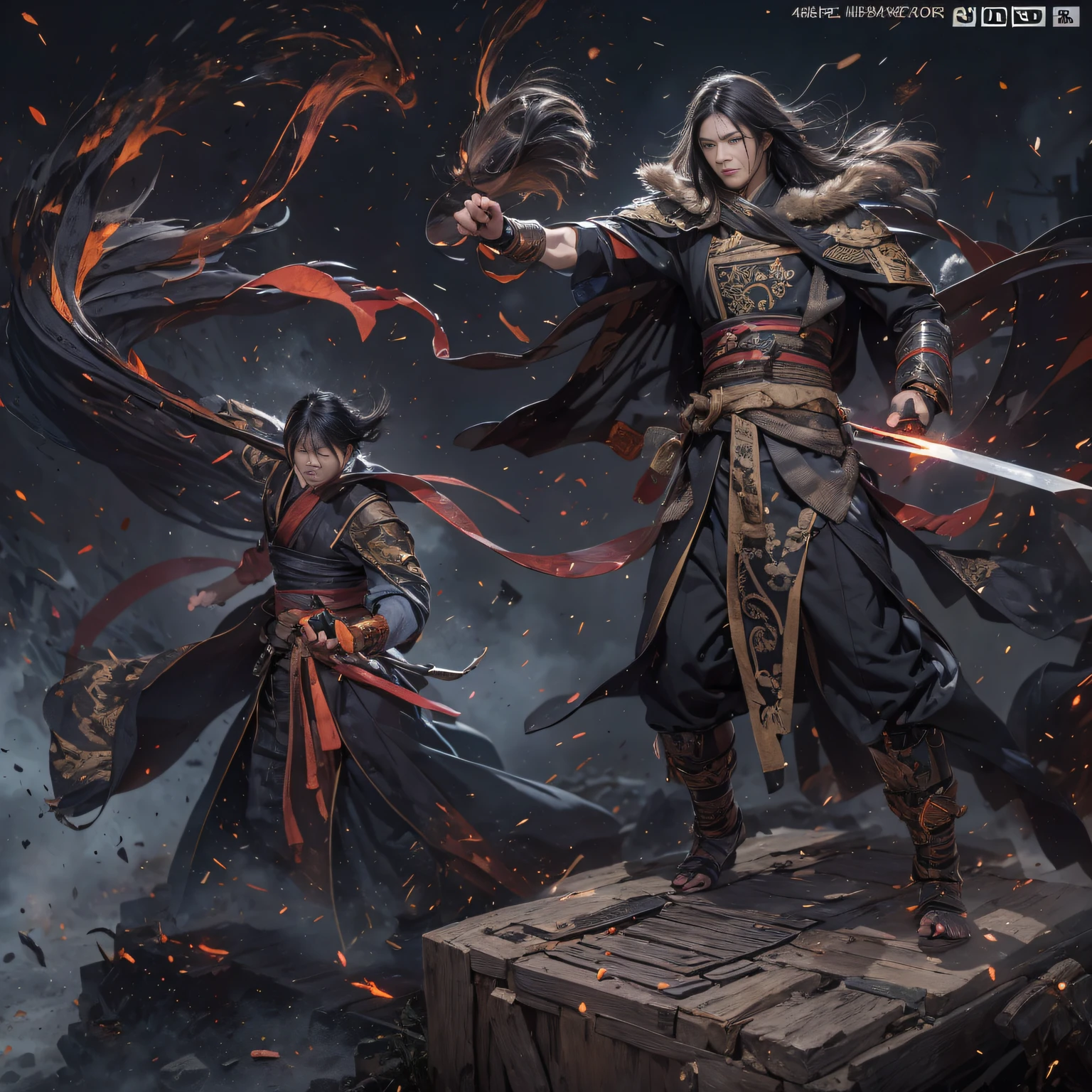 (废墟)eyes filled with angry,He clenched his fists,Rush up,Deliver a fatal blow to your opponent,full bodyesbian,Full Body Male Mage 32K(tmasterpiece,k hd,hyper HD,32K)Long flowing black hair,Campsite size,zydink, a color, patriot (废墟), (Linen batik scarf), Angry fighting stance, looking at the ground, Batik linen bandana, Chinese python pattern long-sleeved garment, (Abstract propylene splash:1.2), Dark clouds lightning background,Flour flies(realisticlying:1.4),Black color hair,Flour fluttering,Background fog, A high resolution, the detail, RAW photogr, Sharp Re, Nikon D850 Film Stock Photo by Jefferies Lee 4 Kodak Portra 400 Camera F1.6 shots, Rich colors, ultra-realistic vivid textures, Dramatic lighting, Unreal Engine Art Station Trend, cinestir 800,Flowing black hair,(((Male mage))),The male mage was furious,