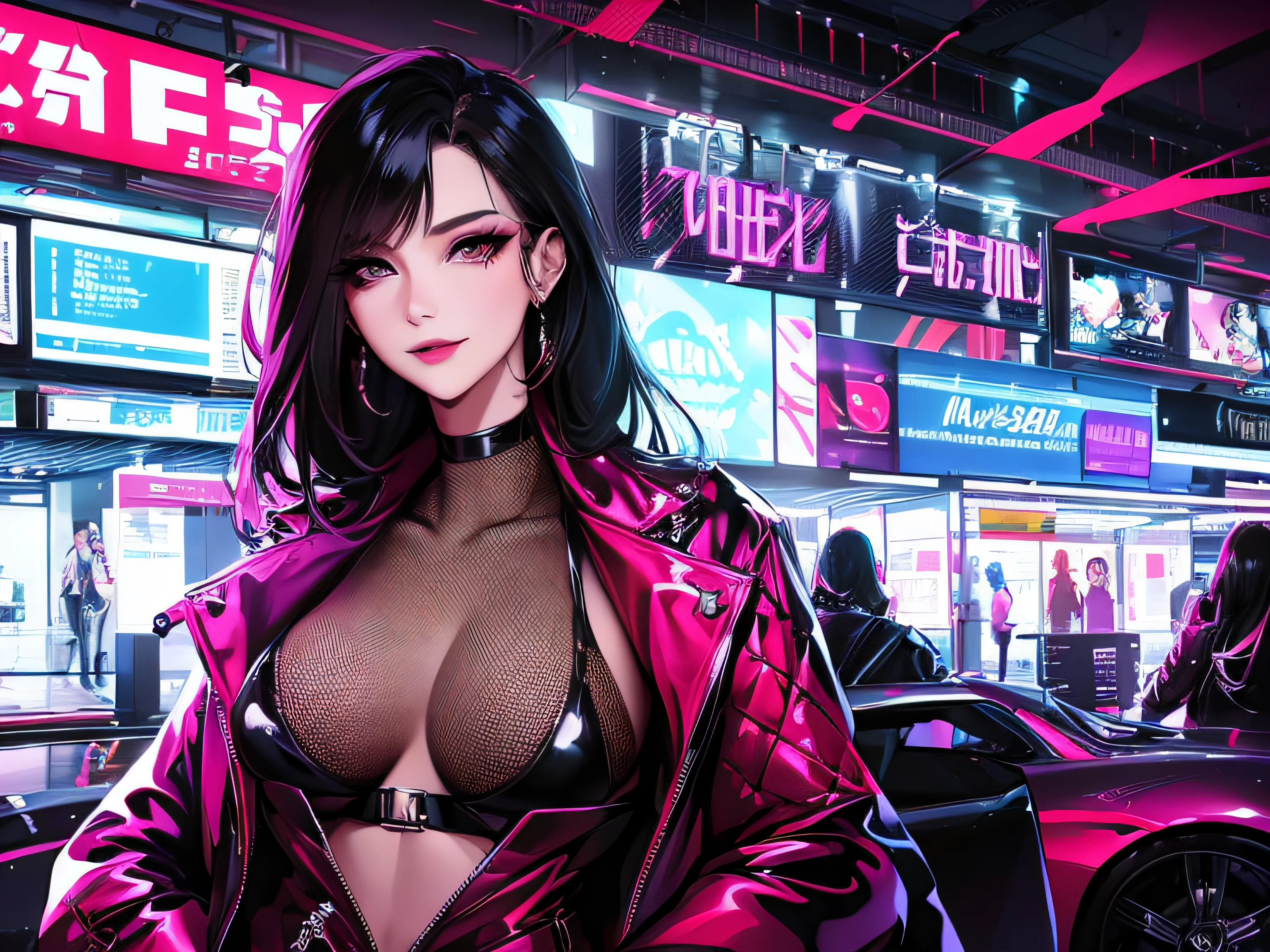 1girl,mature_female,(masterpiece,detailed background,best quality),long and shiny hair,jewellery,eyeliner,make-up,smirk,fishnet clothes,ptn,game background,illustration,official_art,Neon Light