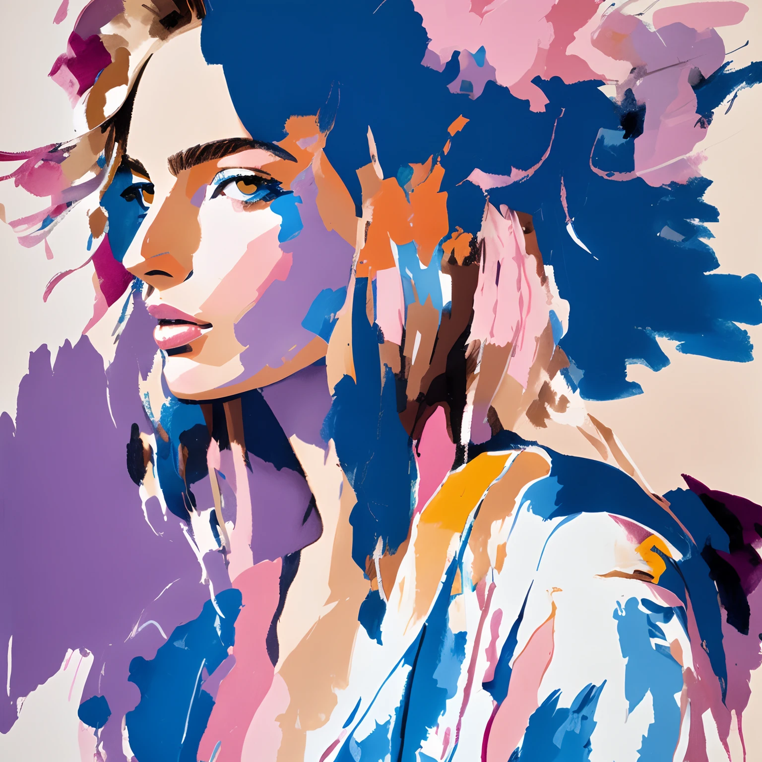 David downton fashion illustration, blonde bob thin hair 1woman, andreea diaconu, cute, kind, trendy blue denim jacket, italy, grape, grape leaves, sunlight, abstract pencil and oil painting, artistic brushstrokes, pink, beige, dreamy