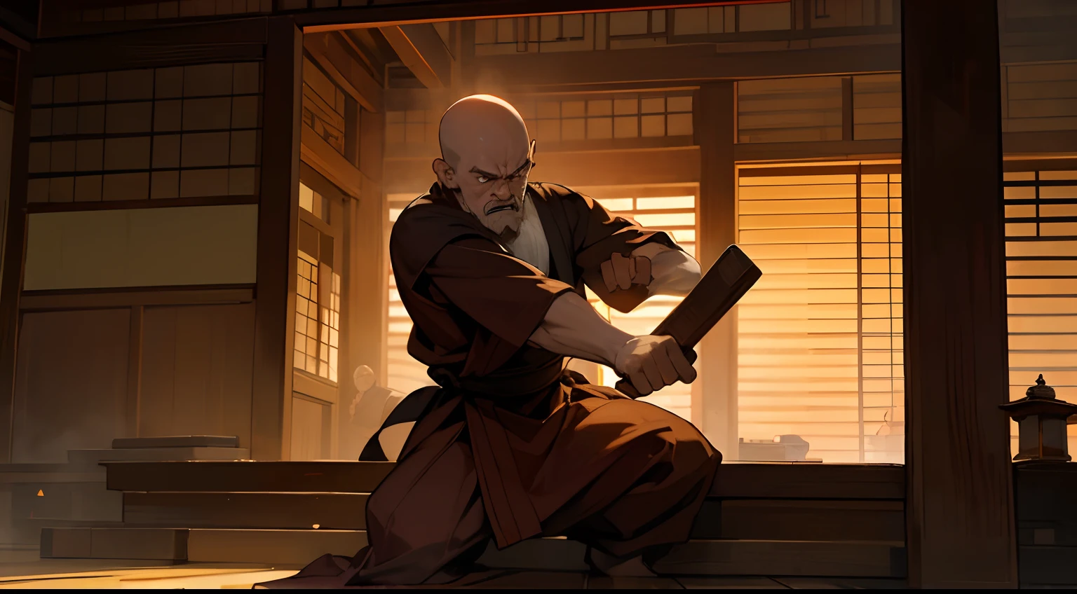 (Fighting an old monk)、(natta)、Inside the temple、Tatami mats、Candlelight、Interior of a wooden building、Bald head、Upper body seen from the front、Large body、angry expressions、Battle Pose、Stance、