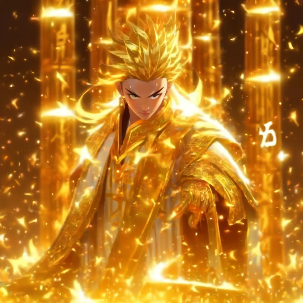 1boys,Solo,Young scholars of ancient China,Holding a golden brush,Writing is in full swing,(Transparent glowing golden Chinese characters hovered in midair:2),Vertical text,glittery,Scholar in blue robes,Long flowing hair flutters in the wind,16k, hyper HD, high resolution, Very detailed, Best image quality,dynamicposes,(20 columns of Chinese characters:2),arranged in an orderly fashion