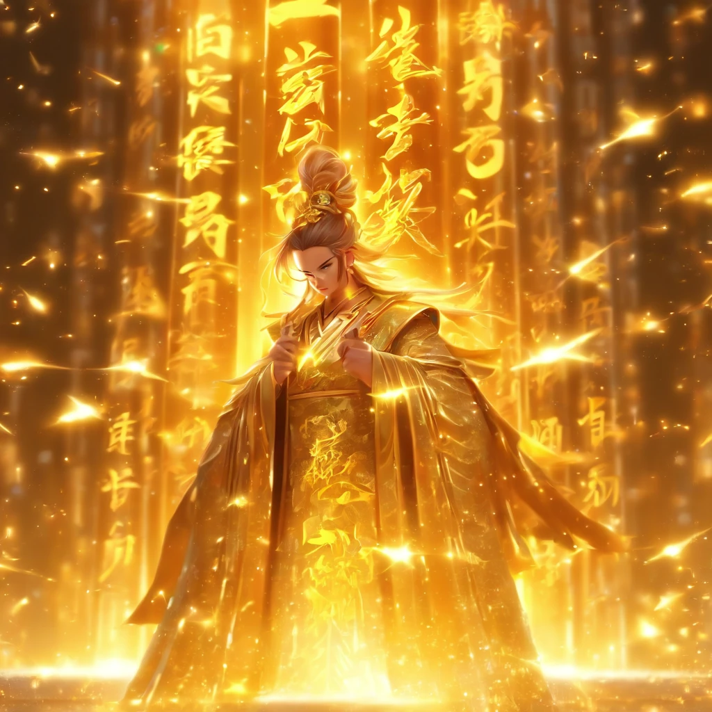 1boys,Solo,Young scholars of ancient China,Holding a golden brush,Writing is in full swing,(Transparent glowing golden Chinese characters hovered in midair:2),Vertical text,glittery,Scholar in blue robes,Long flowing hair flutters in the wind,16k, hyper HD, high resolution, Very detailed, Best image quality,dynamicposes,(20 columns of Chinese characters:2),arranged in an orderly fashion