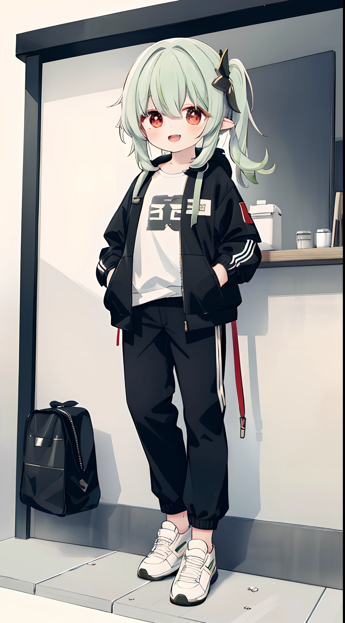 1girll, Solo, Green hair, Red eyes, Short hair, shirt, Open mouth, Smile, White shirt, Hood, Jacket, view the viewer, kazami yuuka, Long sleeves, Open clothes, bangs, Hand in pocket, Black jacket, Pants, jaqueta com capuz, Cowboy shot, Black pants, hair between eye, :D, 鎖骨, Open jacket, Carrying a school bag,Hoody sneakers,Full body photo