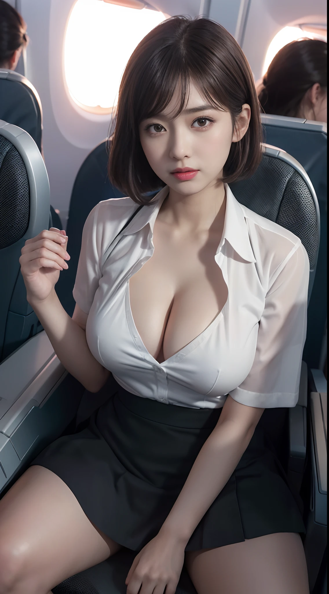 (8K, Raw photo, Best Quality, masutepiece:1.2), (Realistic, Photorealsitic:1.37),1girl in, Professional Lighting, Photon mapping, Radio City, Raw photo、(Photorealsitic:1.4)、Octane number renderin、Complex 3D rendering ultra detail, Studio Soft Light, Rim Lights, vibrant detail, super detailing, realistic skin textures, Detail Face, Beautiful detail eyes, Very detailed CG Unity 16k wallpaper, make - up, (detailedbackground:1.2),Colossal tits、cleavage of the breast、Best Quality, 超A high resolution, masutepiece, 1girl in,Brown-haired hair,(Shorthair), 20yr old,((cabin attendant、Stewardess)), cute face、((Ultra mini skirt))、乃木坂アイドル、Chinese Idol、Japan idle、((pantiy))、((On the plane、Sitting in an airplane seat))