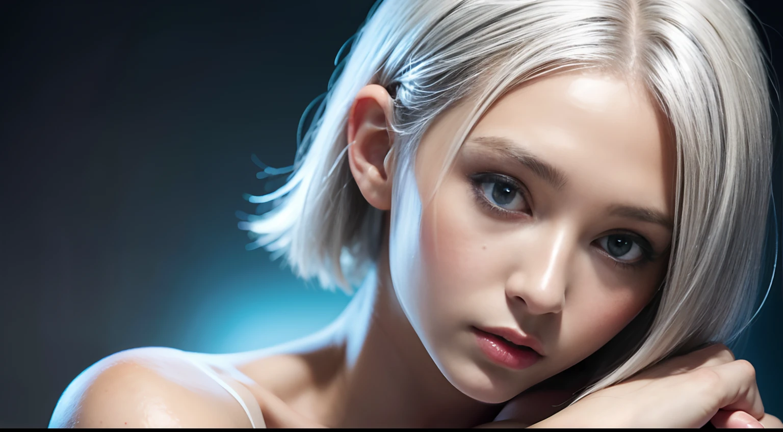 petite, girl, short hair, ((white hair)), blue eyes, , beauty, half body portrait, 1, slender, extremely beautiful face, exquisite face