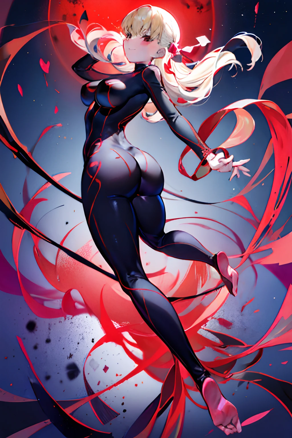 Anime style face a blond Black full body suit Red lines all over the body huge tit Big ass Whip thighs bare-legged seductiv a smile succubus Rear view