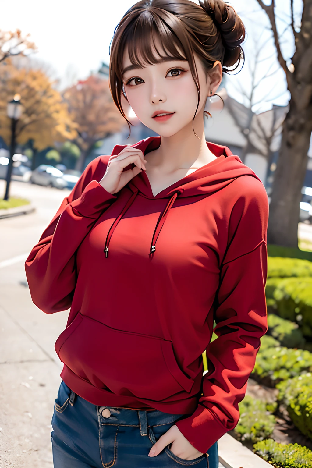 top-quality、masuter piece、ultra-detailliert、8ｋ、独奏、Cowboy Shot、parfect anatomy、1 girl in、shorth hair、(((Hair tied in two、brown haired:1.3)))、GAP Long Sleeve Hoodie、Old Denim、slightly larger breasts、Natural look、red-lips、(((plein air:1.2、a park、blue open sky、Maple tree of red color、a park)))、(((Blurry and invisible background)))