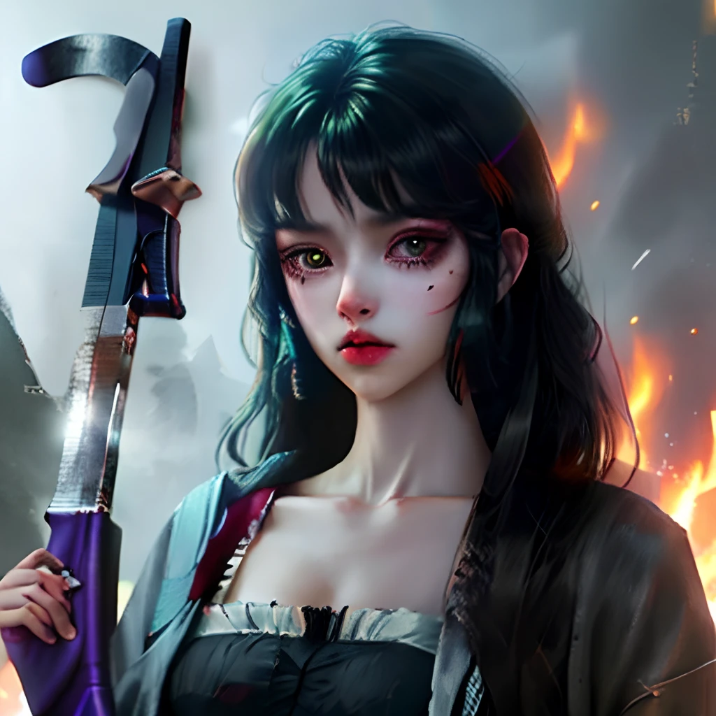 Sick，Red-eyed girl，One guy，Long straight black hair，The weapon is scissors cool，Very powerful