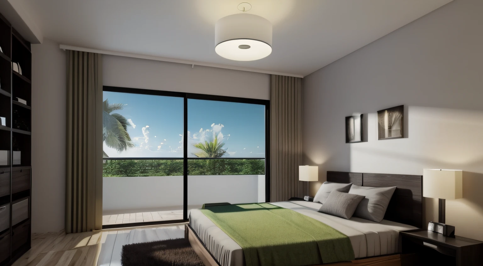 Arafed Room with one bed, una silla, y una gran ventana, cuarto oscuro, Bright room, bed room, interior escuro, Ambiente de lujo, Oscuro y realista, with photorealistic lighting, sala interior mal iluminada, Apartamento con paredes negras, Enscape renderizado, Renderizado bellamente detallado, Ambiente relajante, Cuarto fotorrealista, dense with vegetation