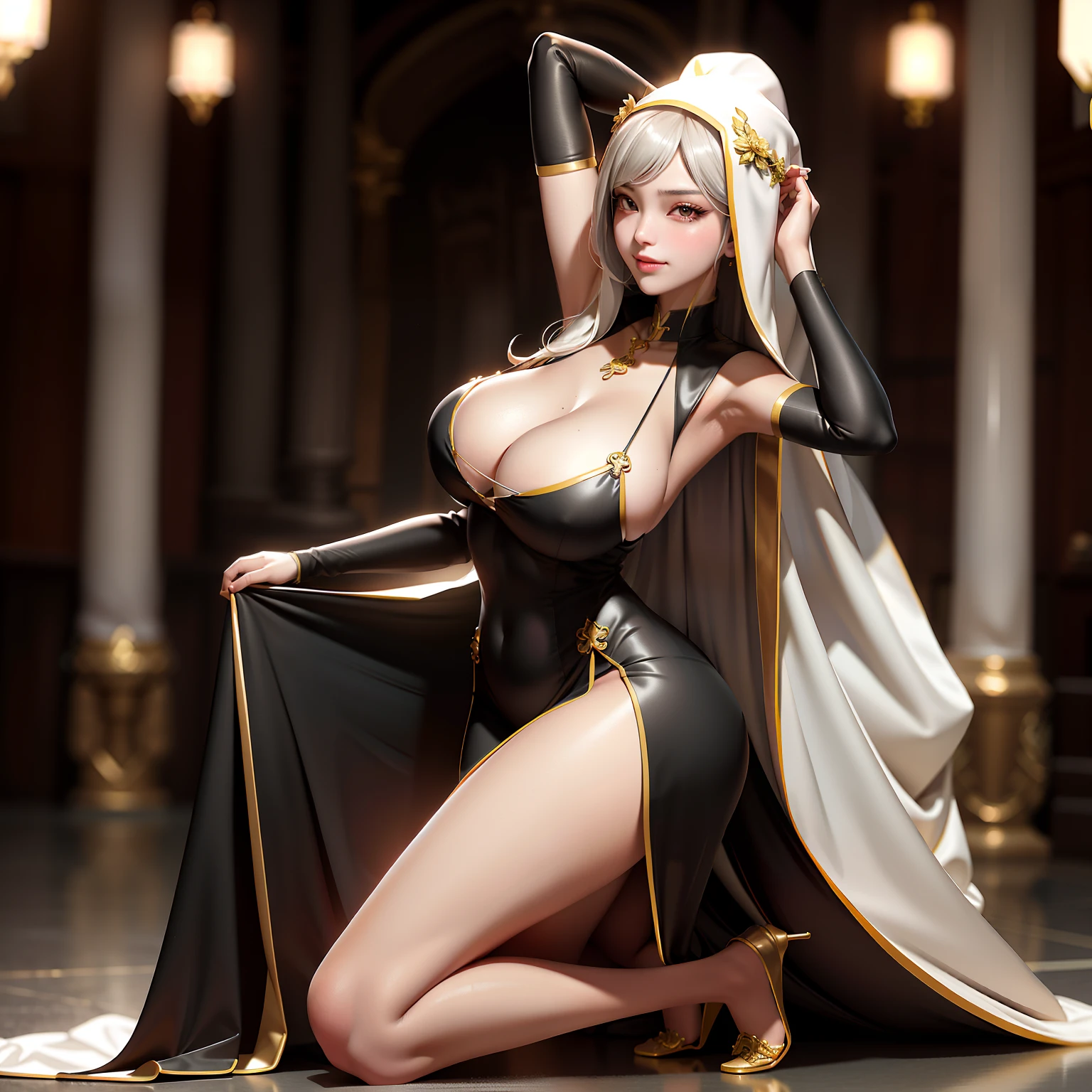 best qualtiy,Full body like,Cinema lenses,Refined face,pretty face,Cute sexy girl,ssmile,slimfigure,Stand in front of a statue of the Confessor,mediuml breasts,Golden Chapel,Openwork sexy nun uniform,Delicate and ornate nun robes,chies,Religious nun uniform,Beth,interior scenes,flowers in full bloom,Open the collar,Expose cleavage,Raised sexy,nipple bump,tit,vacuum,耳Nipple Ring,choker necklace,Stretch meat,