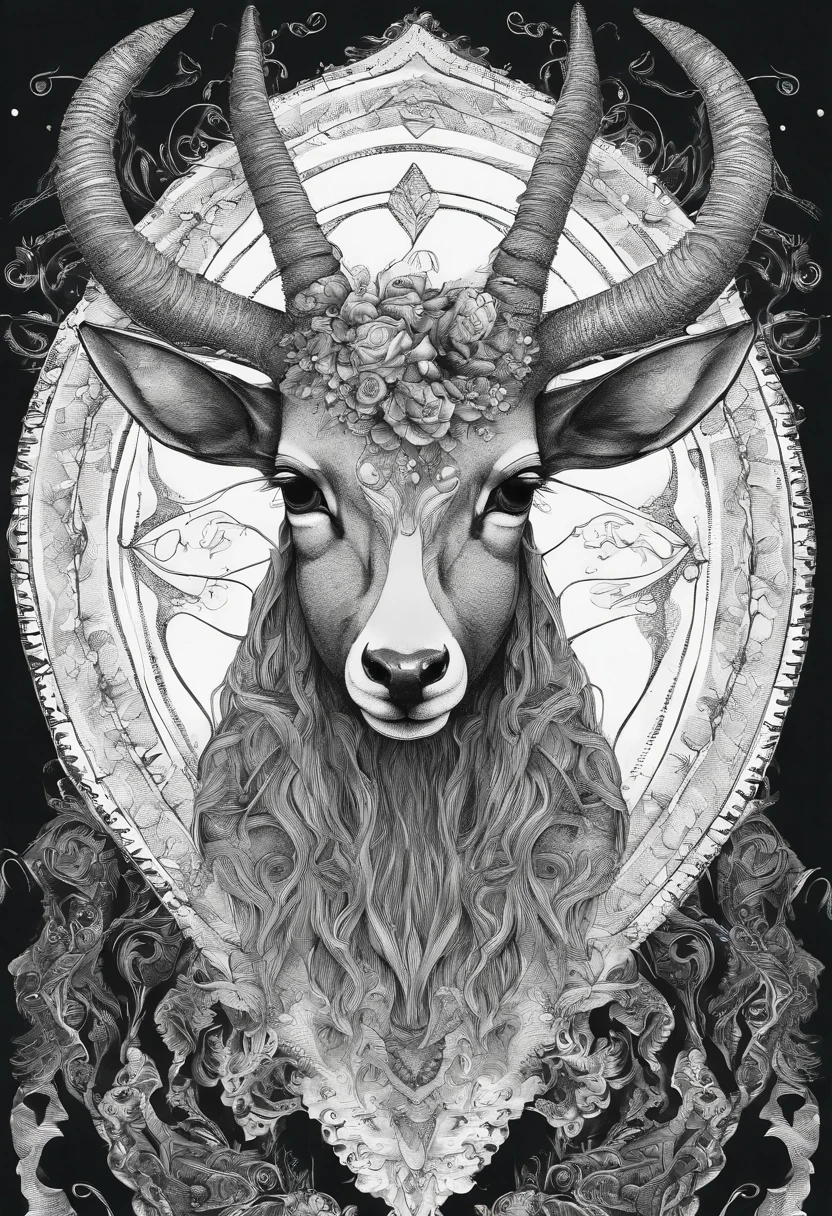 /imagine prompt: faun fantasy illustration for a sticker with a black background, in bold outline style, jagged edges, trashcore, light shading --v 5.2