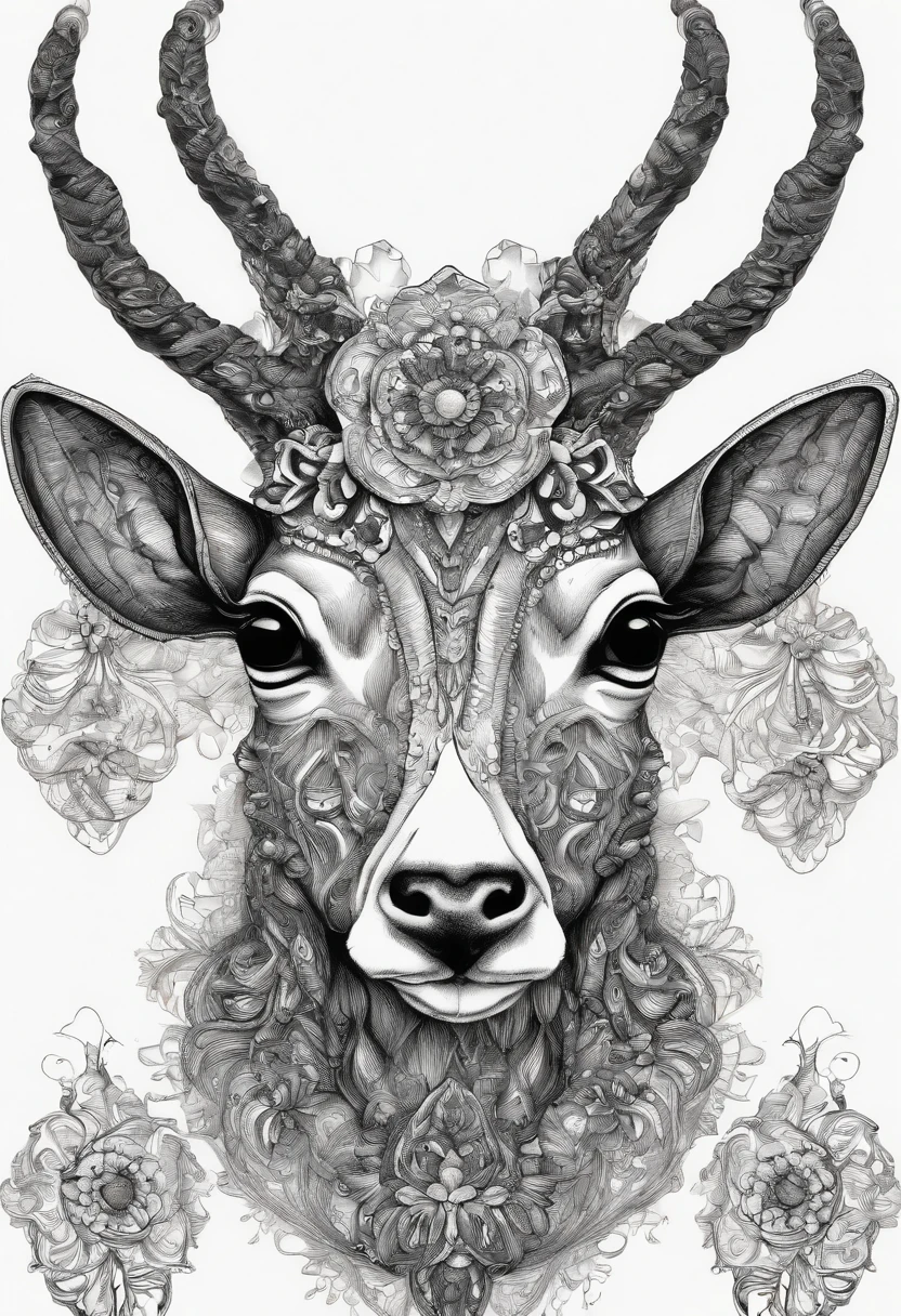 The head of the antelope with luxurious and striking horns, add floral details around it, bring a sense of horror and eerie feeling to the picture,(black and white image)