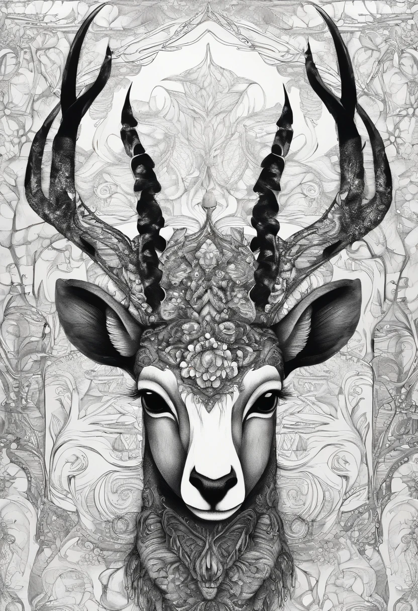 The head of the antelope with luxurious and striking horns, add floral details around it, bring a sense of horror and eerie feeling to the picture,(black and white image)