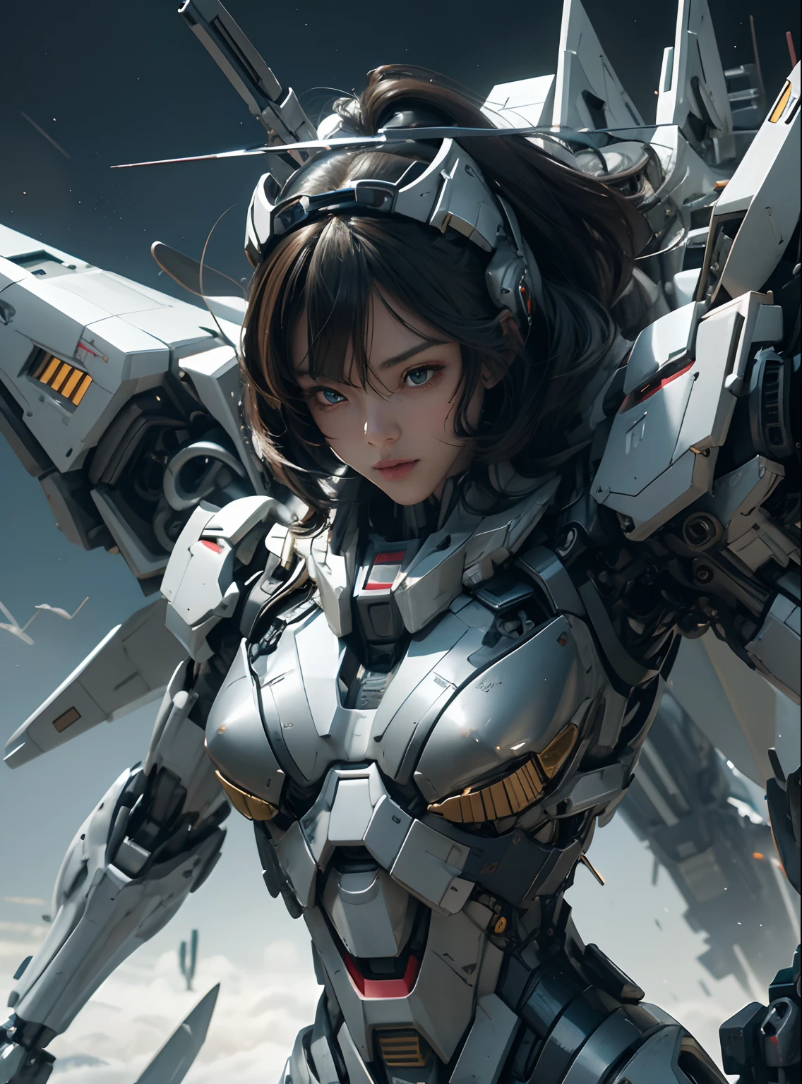 Textured skin, Super Detail, high details, High quality, Best Quality, hight resolution, 1080p, hard disk, Beautiful,(Gundam),beautiful cyborg woman,Mecha Cyborg Girl,Battle Mode,Girl with a Mecha Body,She wears a futuristic Gundam mecha,Fulll body Shot