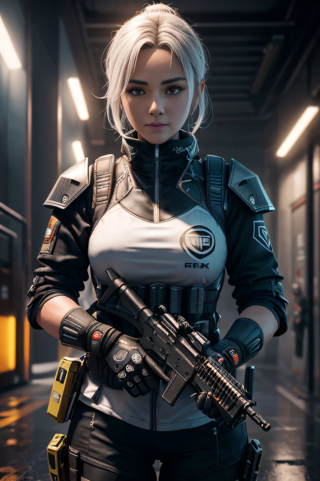 ((best quality)), ((master part)), (High detail:1.3), ....3d, machine gun in hand, Beautiful (Cyberpunk:1.2) 5 Special Forces, Robbot, Mulher com cabelo grosso e fofo (camuflar_uniforme:1.1), bullet proof vest, capa de chuva, digital (camuflar: 1.3), HDR (high dynamic range), ray tracing, NVIDIA RTX, Ultra high resolution, Unreal 5, Subsurface scattering, Textura PBR, Post-processing, anisotropic filtering, profundidade de campo, Maximum Sharpness and Sharpness, texturas multicamadas, Albedo and reflection maps, surface shading, Precise simulation of light-material interactions, Ideal aspect ratio, octane rendering, bicolor lighting, grande abertura, ISO baixo, White balance, rule of thirds, 8K BRUTO, Subpixels efetivos, Subpixel convolution,