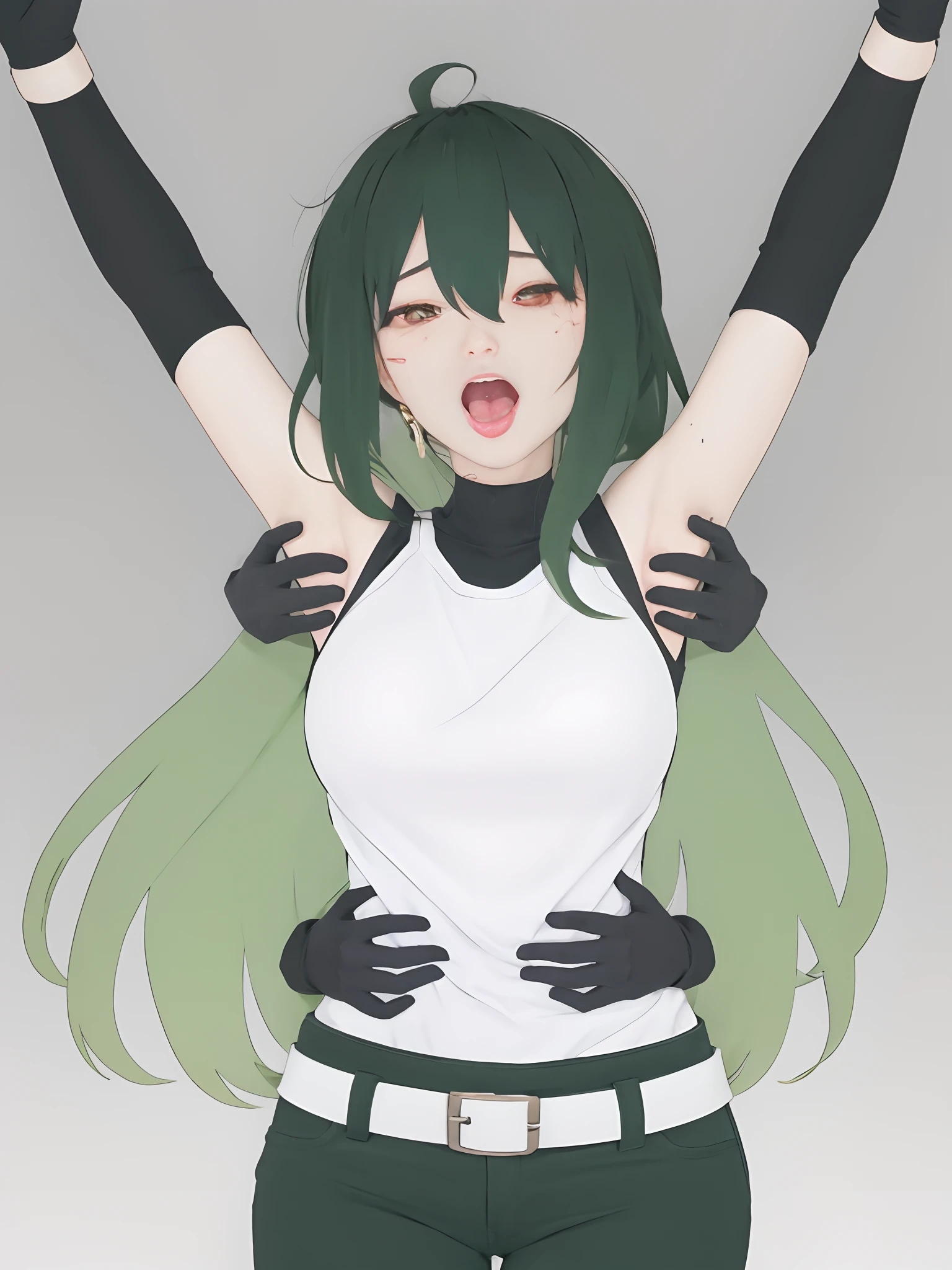 tmasterpiece, Best quality at best, 1girll, 独奏, teardrop, Be red in the face, dreads, scream, and the tongue sticks out, laughingly, with her mouth open, roll eyes, head looking up, full bodyesbian, Armpits, Arms up, (Torso grab, Tickle, mitts, Intangible limbs:1.2), TKL